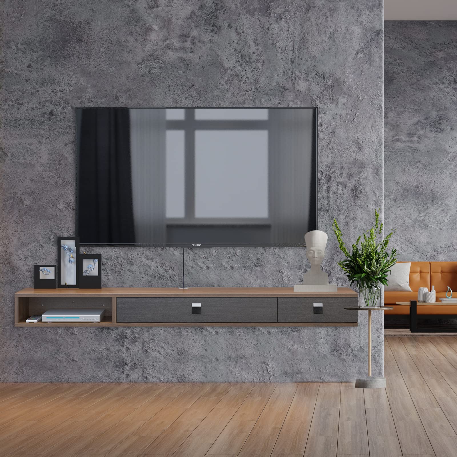 Plywood Wall Mounted Floating TV Stand with Two Flip-down Doors #color_walnut