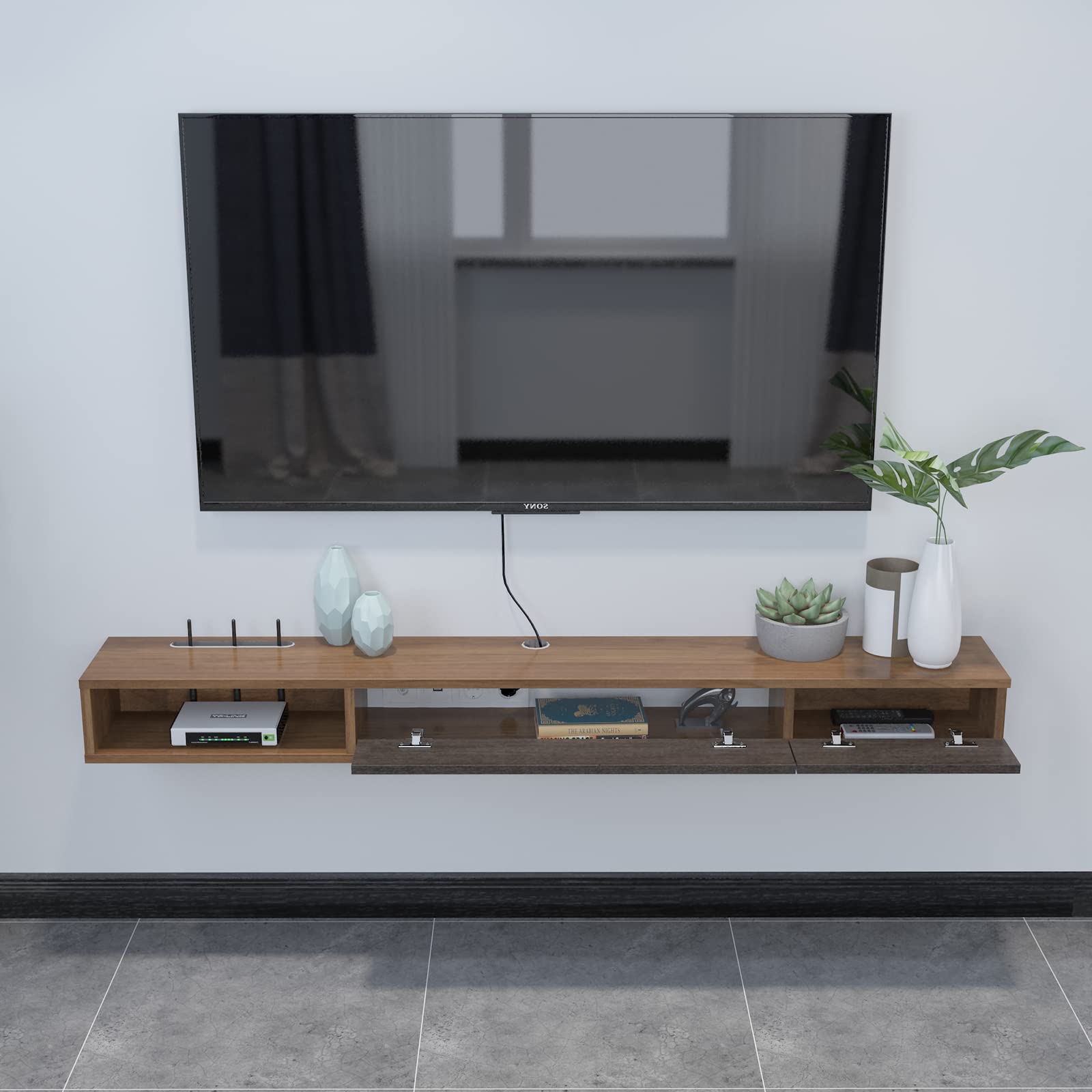 Plywood Wall Mounted Floating TV Stand with Two Flip-down Doors #color_walnut