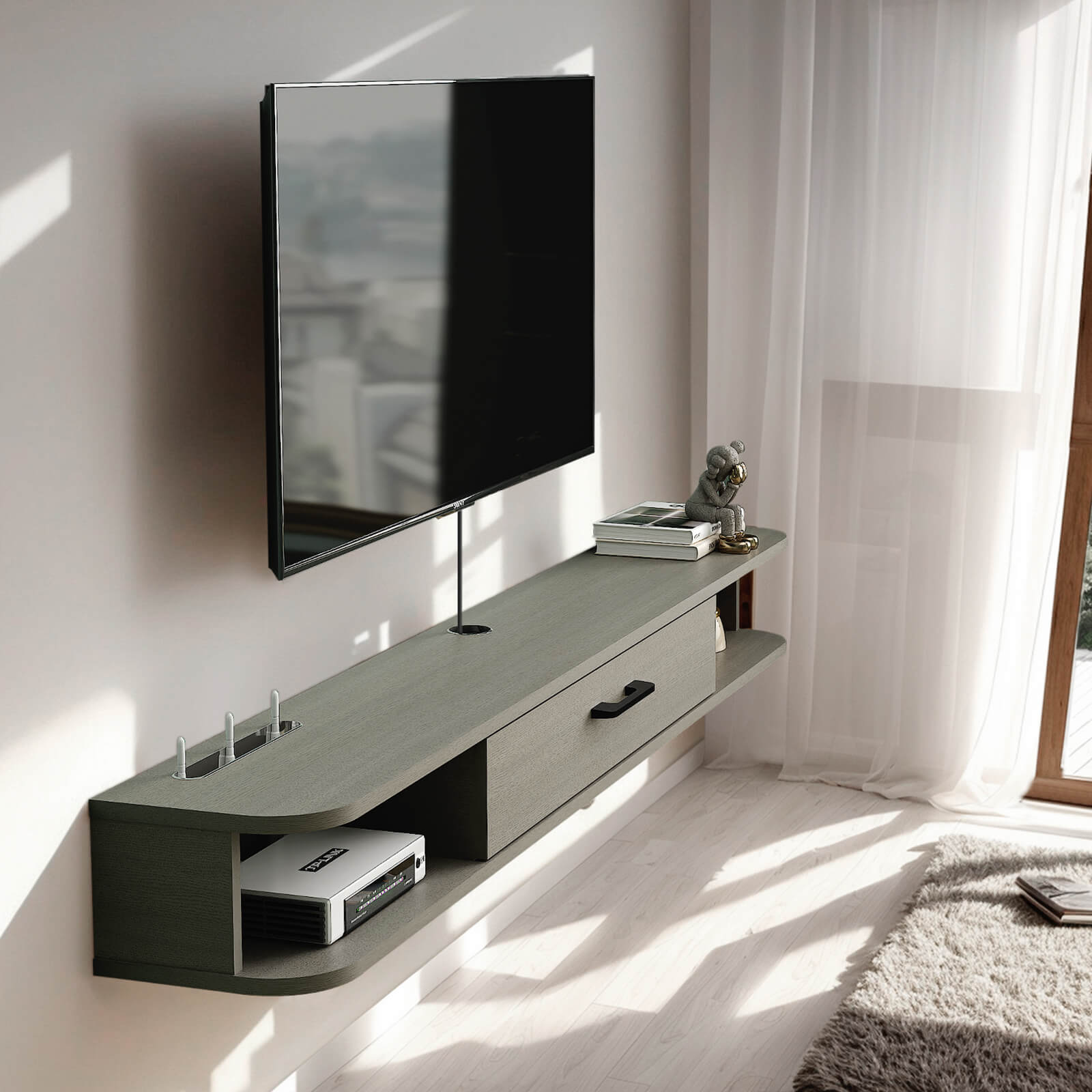 Plywood Wall Mounted Floating TV Stand with Large Door #color_light grey oak