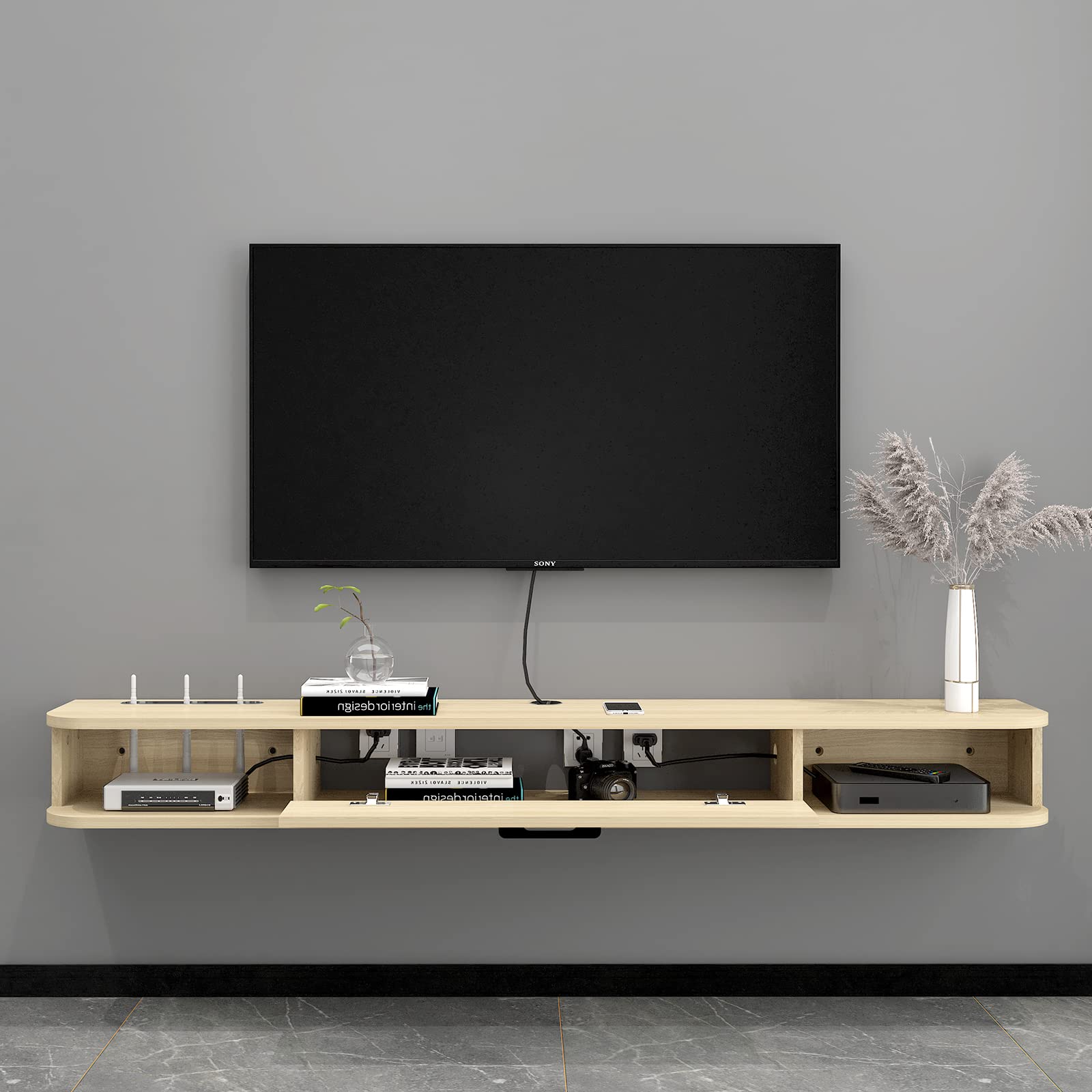 Plywood Wall Mounted Floating TV Stand with Large Door #color_light oak