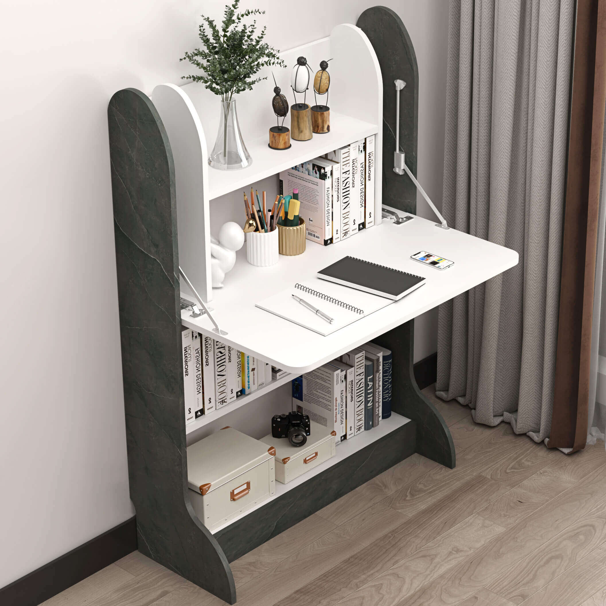 Plywood Wall Mountable Desk with Fold Up Table & Storage Shelves #table_flip up