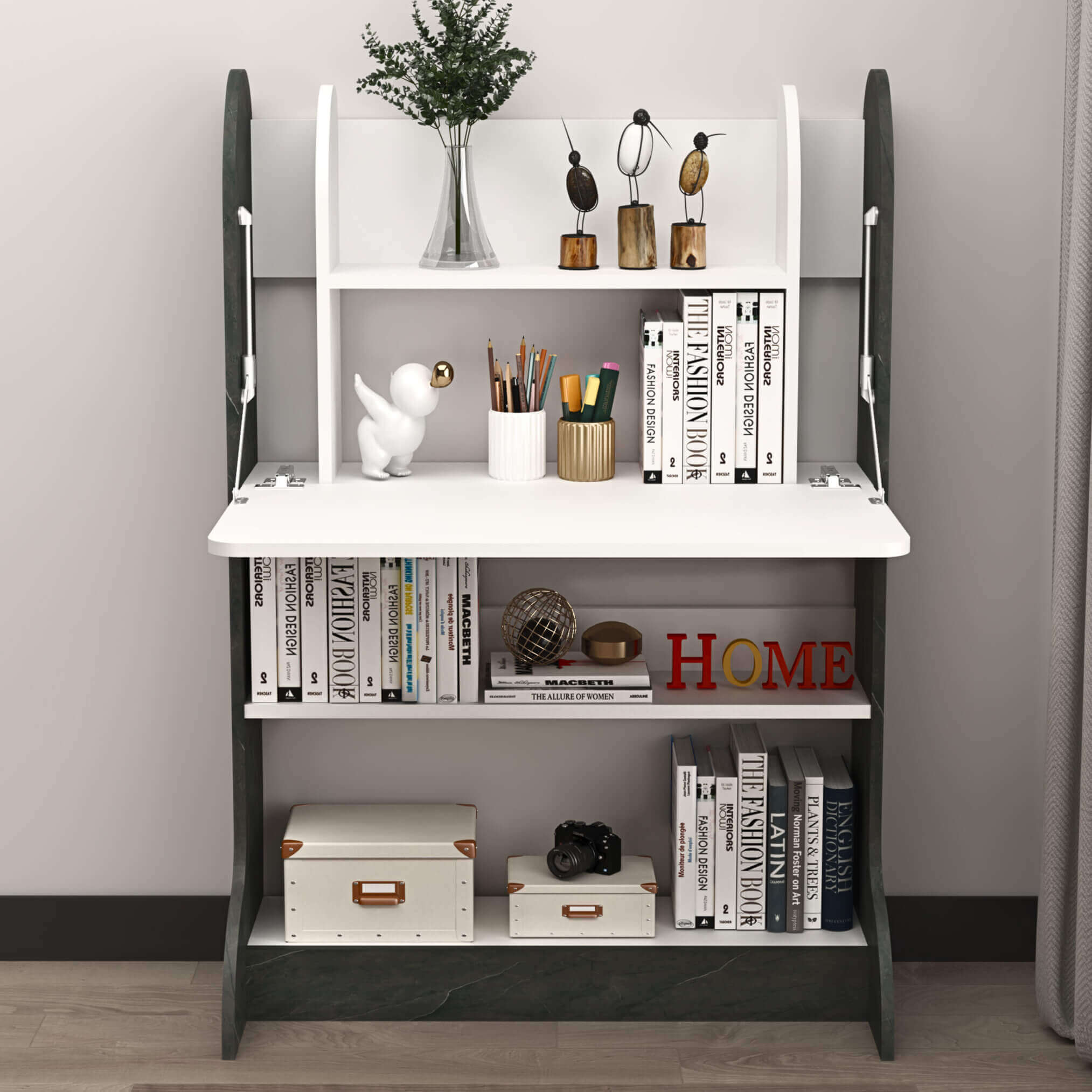 Plywood Wall Mountable Desk with Fold Up Table & Storage Shelves #table_flip up