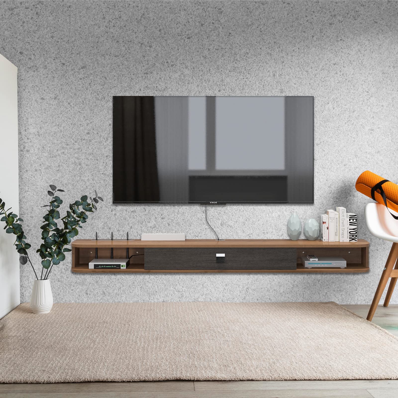 Walnut Floating Entertainment Center for 85” 90” 95” 100” TV, Minimalist Long Narrow Wall-mounted TV Stand with Door Cabinet and Shelf