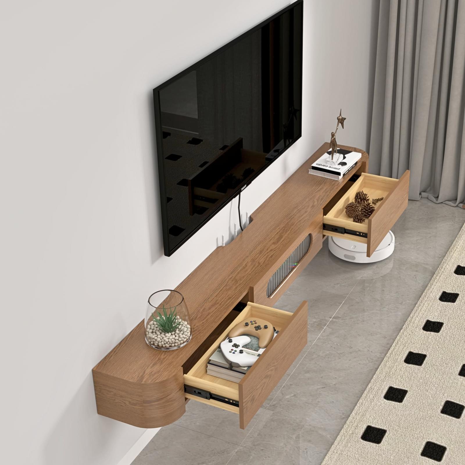 Customize Modern Minimalist Solid Wood Floating TV Stand with Drawers and Glass Door #color_brown