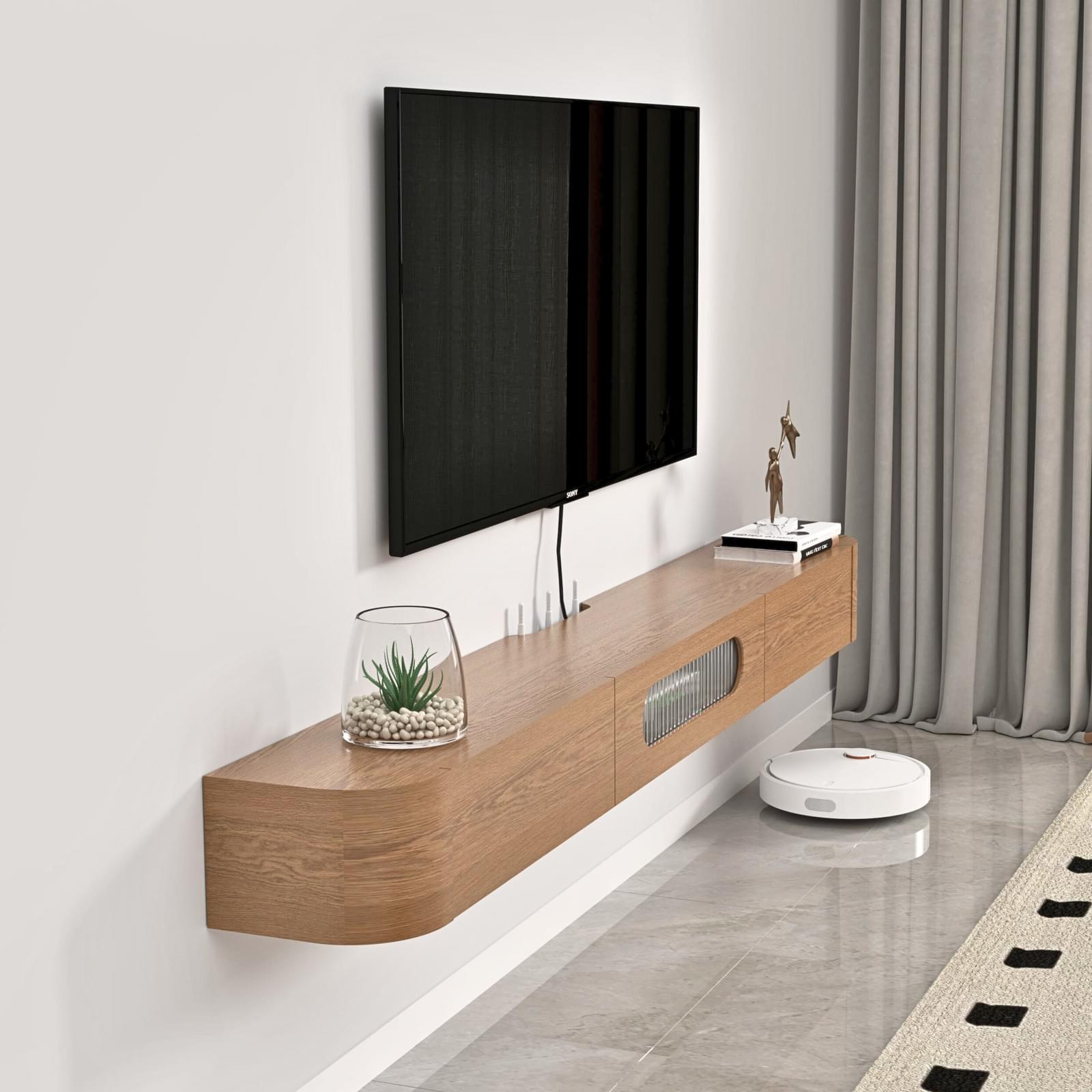 Customize Modern Minimalist Solid Wood Floating TV Stand with Drawers and Glass Door #color_brown