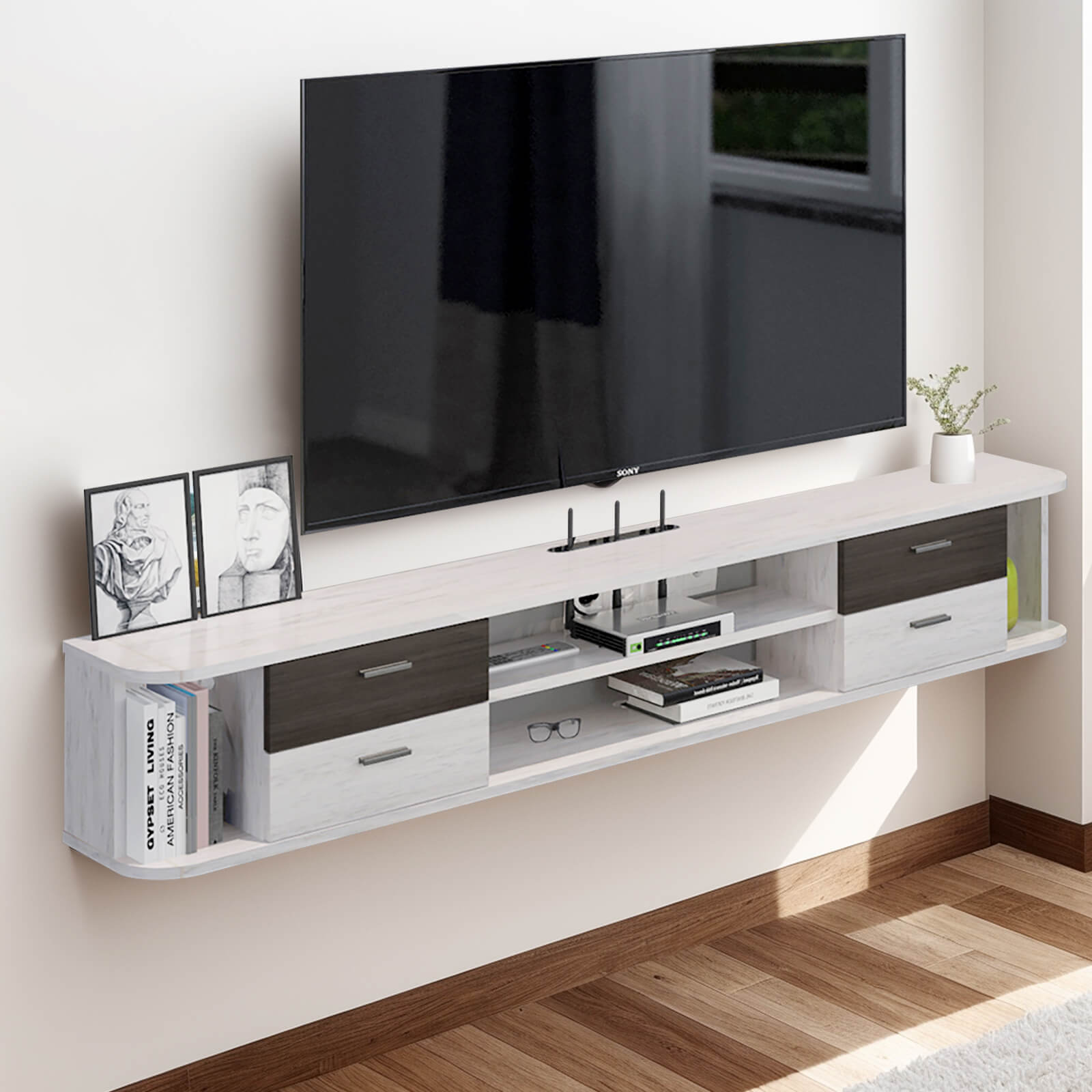 Contemporary Floating TV Stand with Four Drawers And Four Open Shelves #color_greyish white