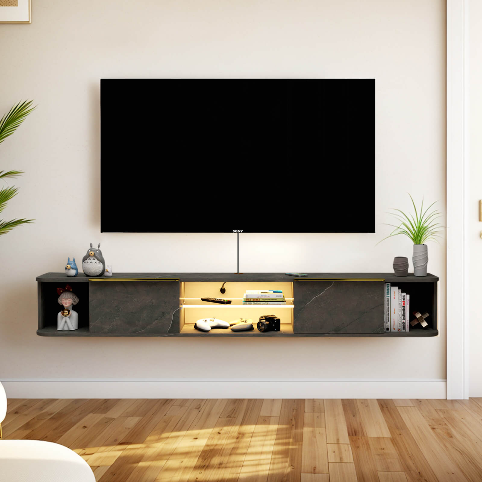 Contemporary Floating TV Stand with LED Lights and Storage #color_pietra grey