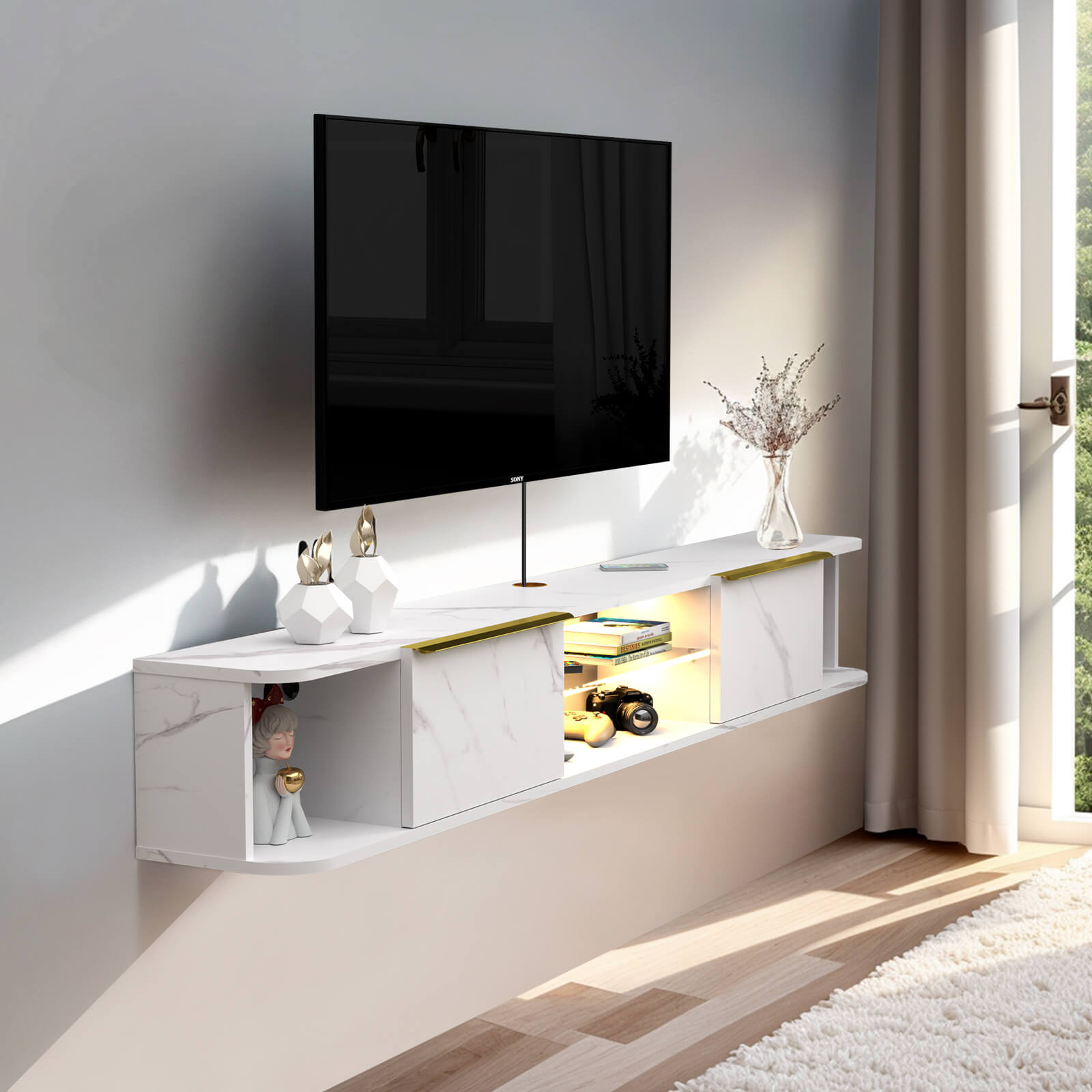 Contemporary Floating TV Stand with LED Lights and Storage #color_pietra white