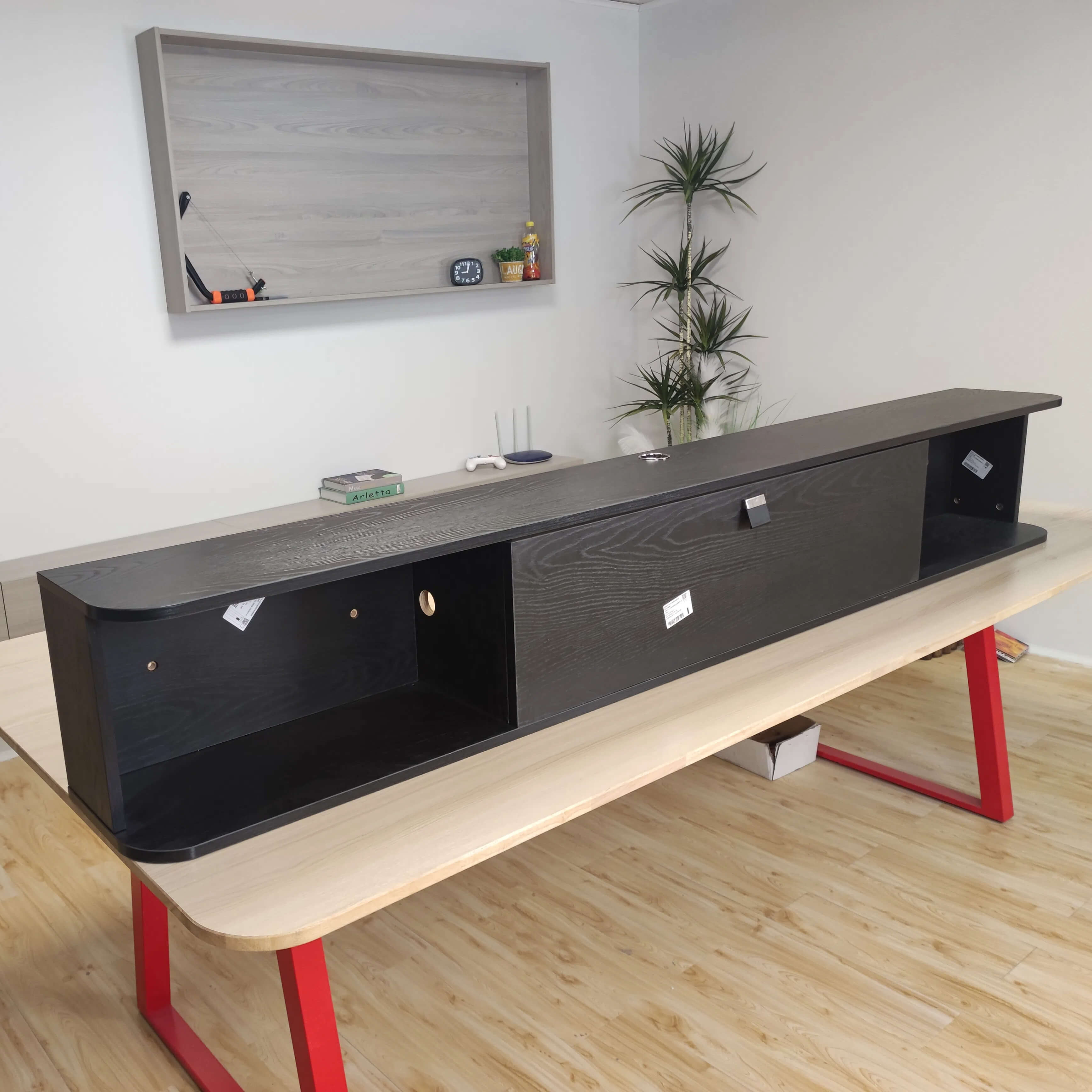 Floativa black floating media console wall mounted entertainment shelf with door storage modern wood furniture for living room