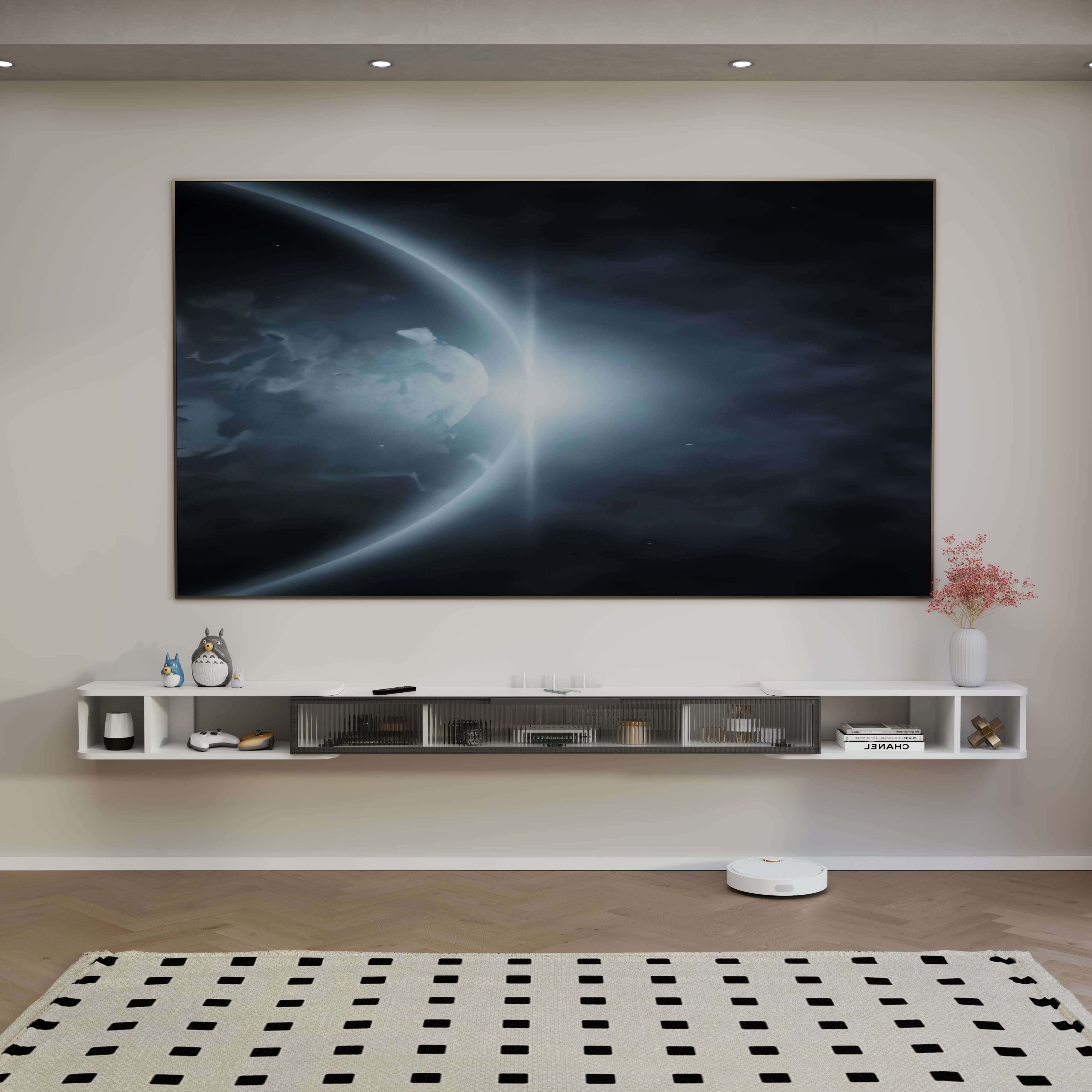 Custom Retractable LED Floating TV Stand, 87"-122"