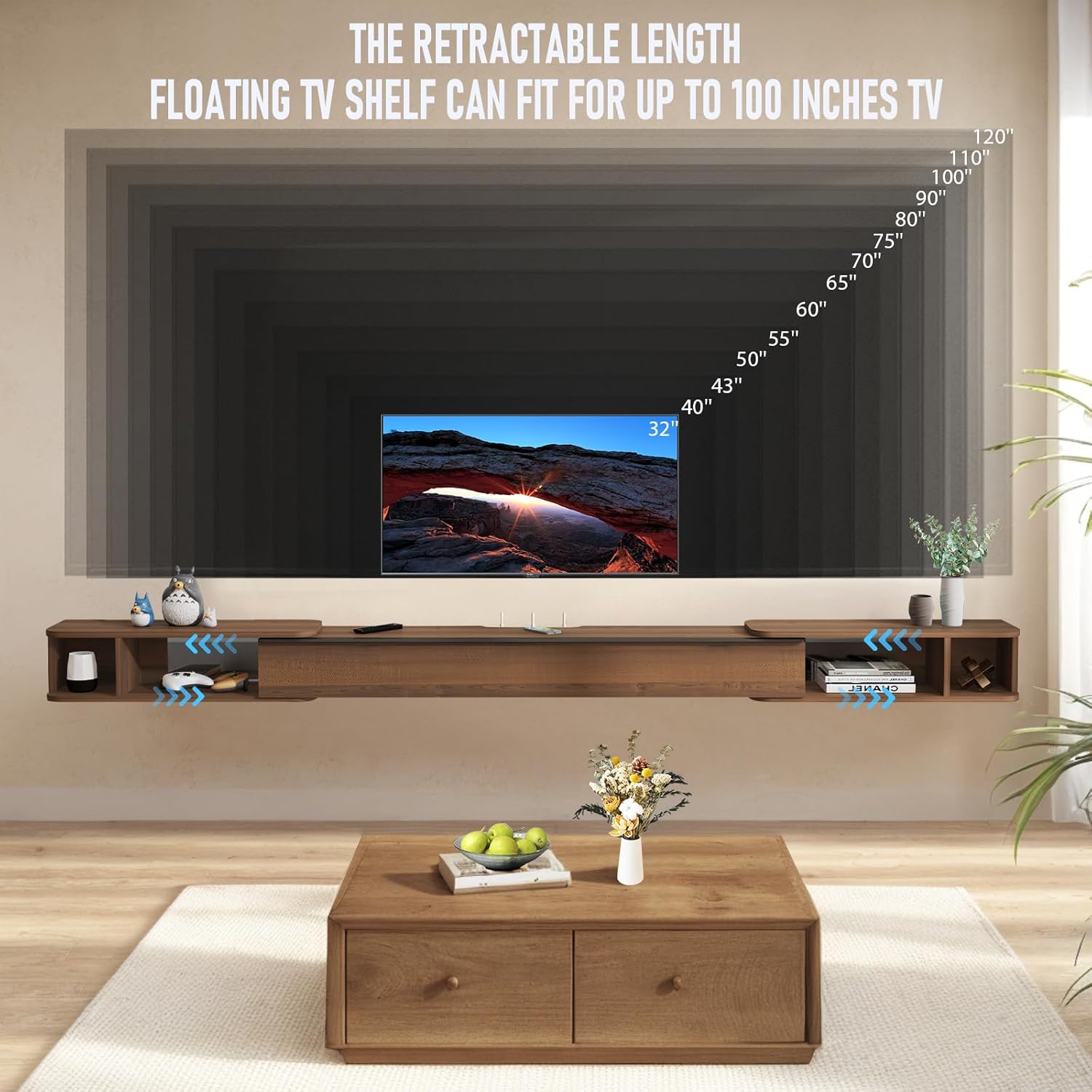87"- 122" Retractable Floating TV Stand for 85-100 Inch TV , Walnut