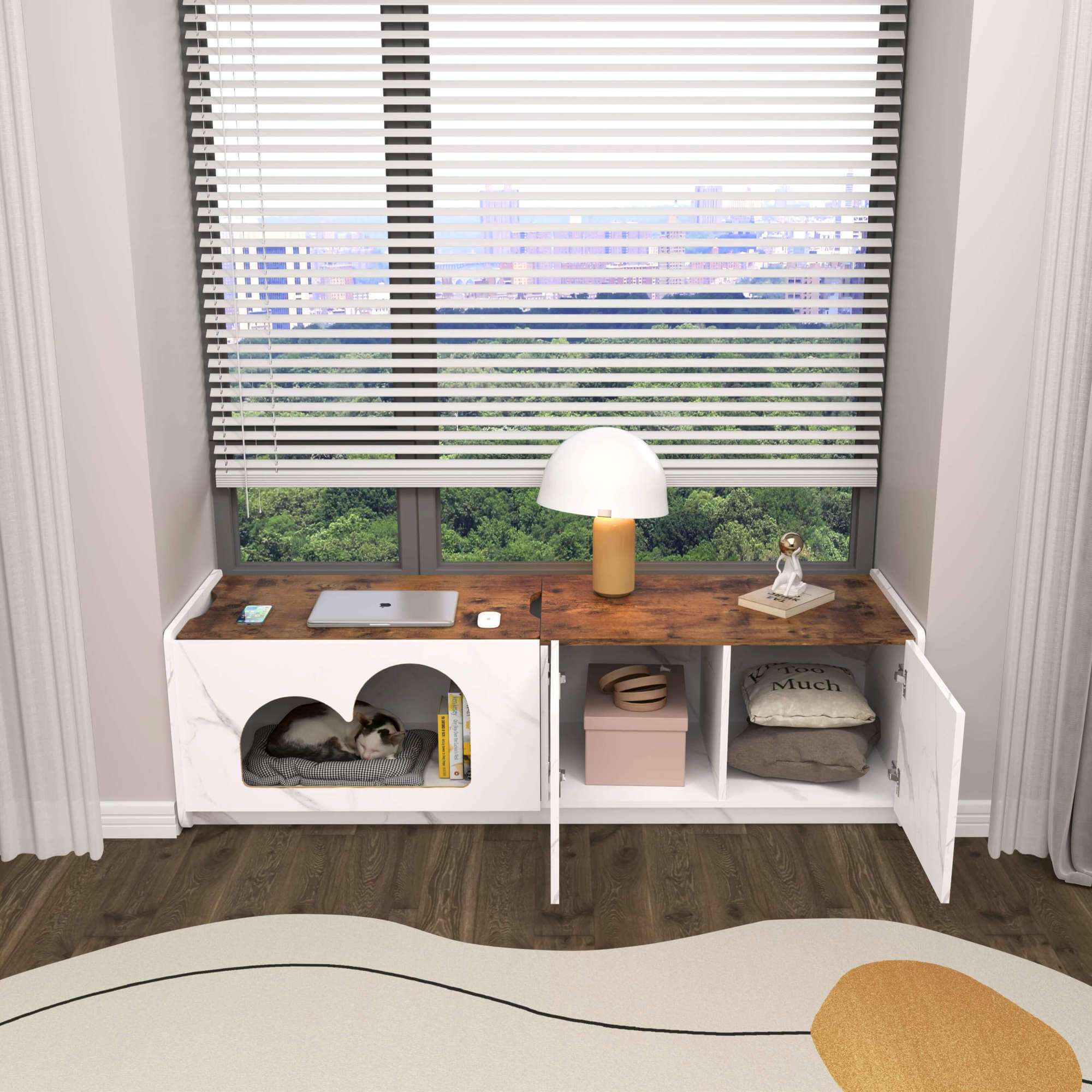 Custom Window Bench with Lifting Desk & Pet Kennel