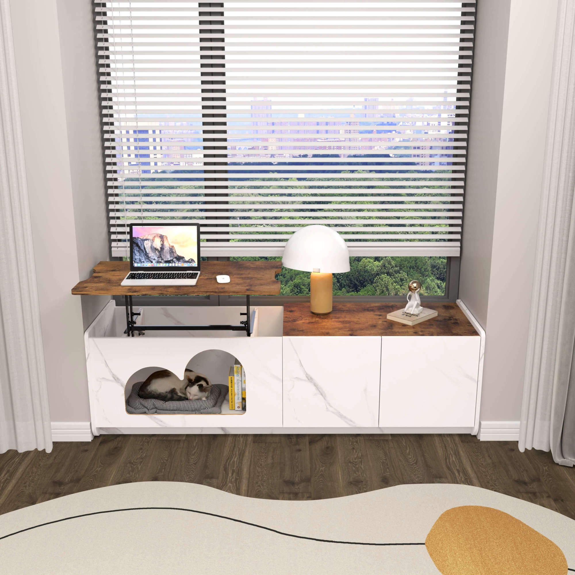 Custom Window Bench with Lifting Desk & Pet Kennel