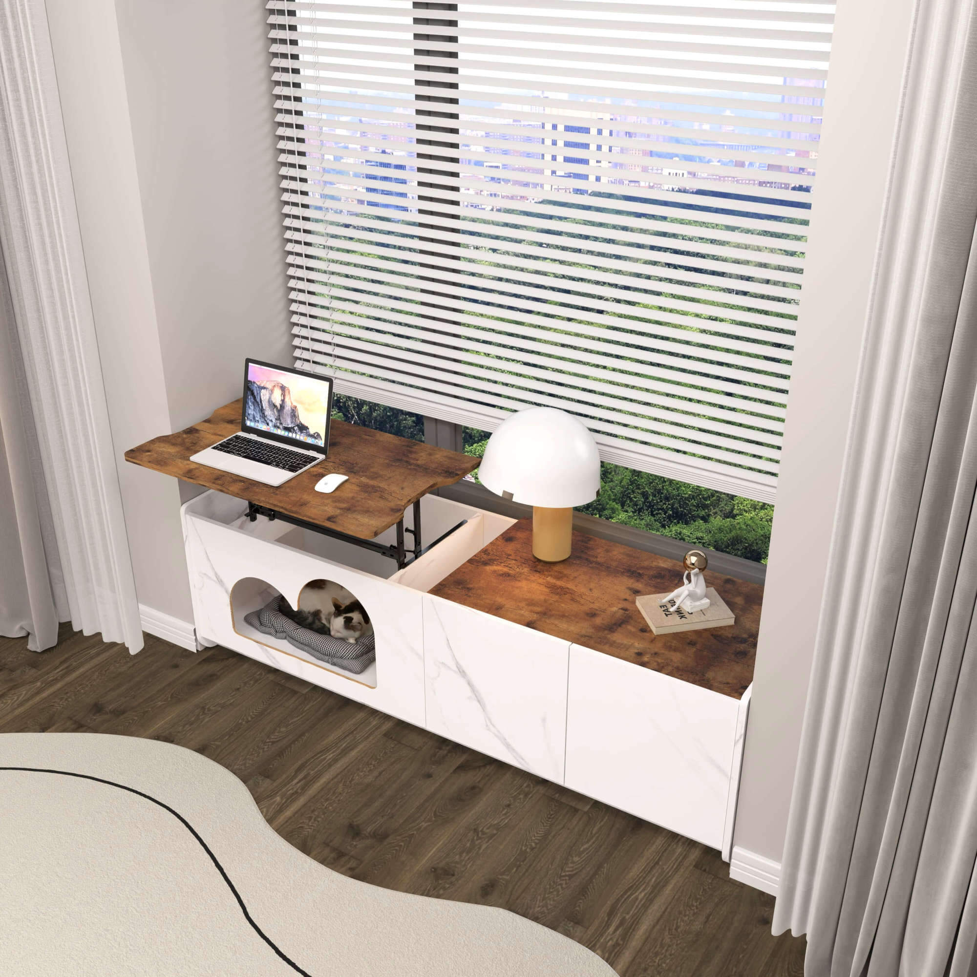 Custom Window Bench with Lifting Desk & Pet Kennel