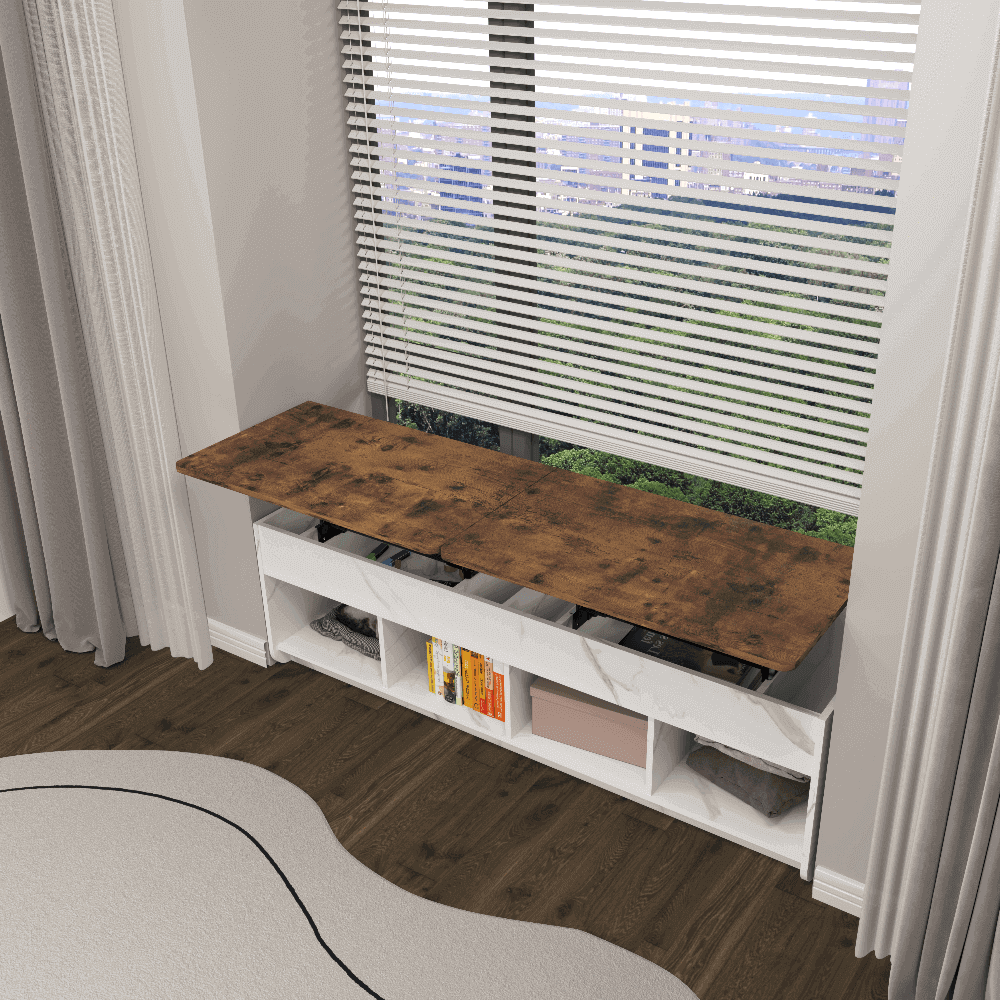 Custom Wooden Window Desk with Storage Cubbies