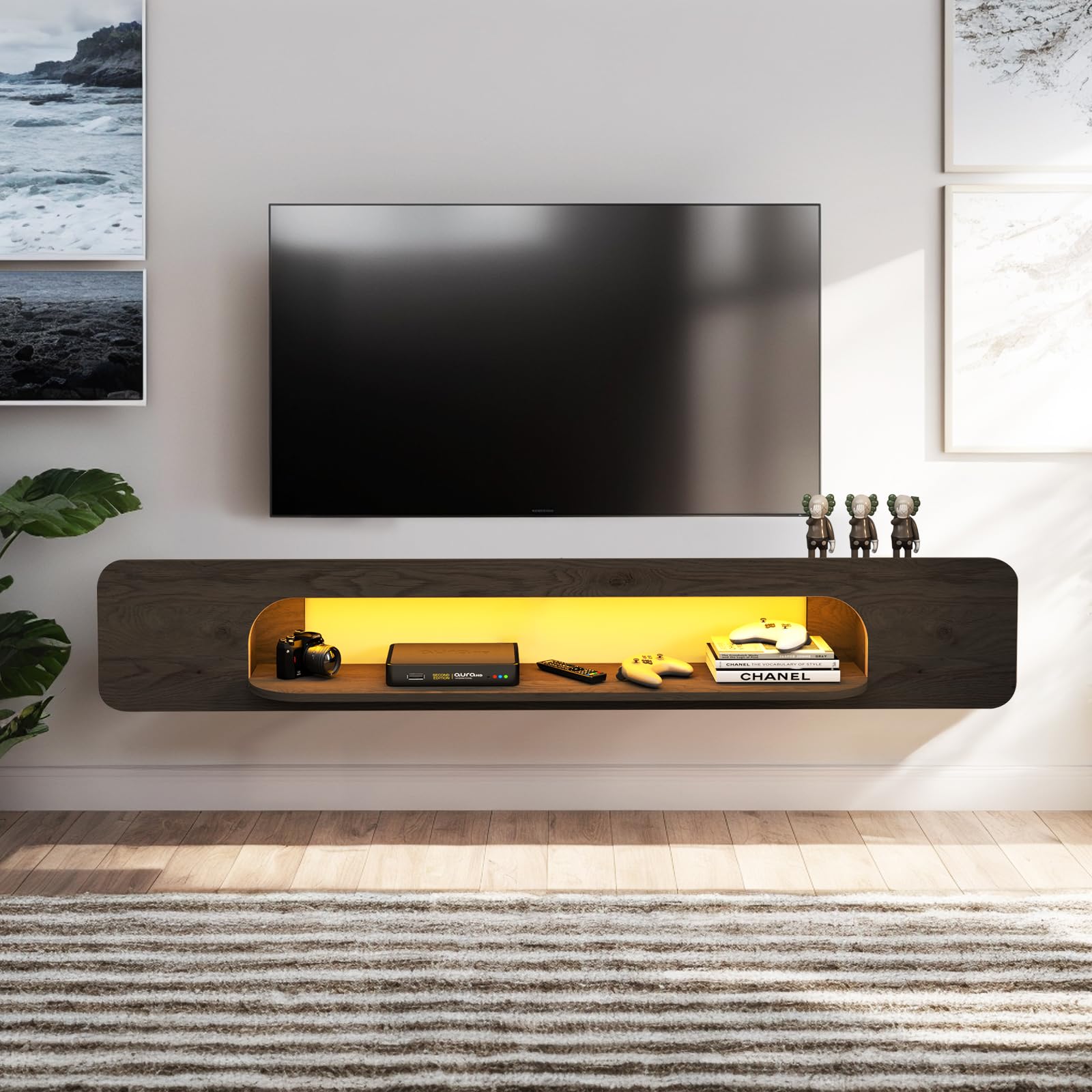 Dark Grey Floating TV Stand & Shelf with LED Light for 3250 Inch TV