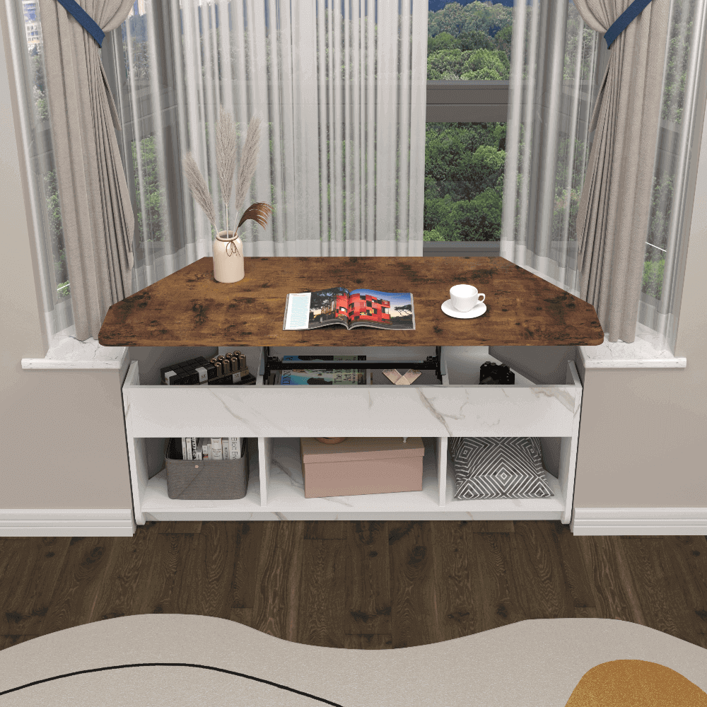 Custom Wooden Bay Window Bench with Lifting Desk & Open Cubbies