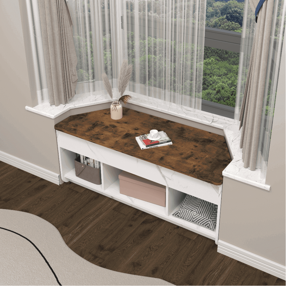 Custom Wooden Bay Window Bench with Lifting Desk & Open Cubbies