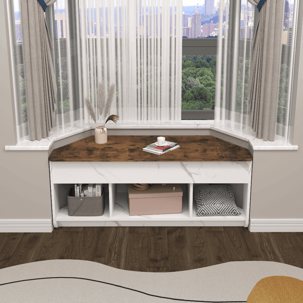 Custom Wooden Bay Window Bench with Lifting Desk & Open Cubbies