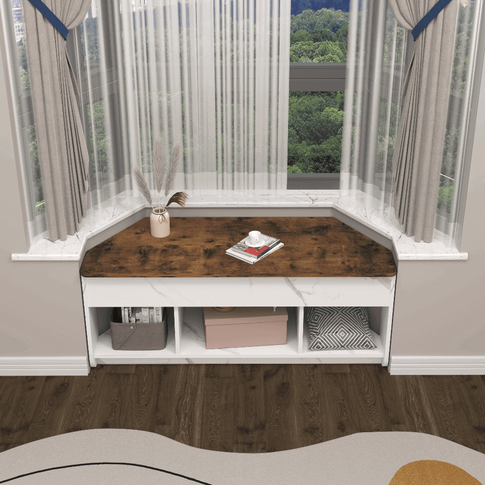 Custom Wooden Bay Window Bench with Lifting Desk & Open Cubbies