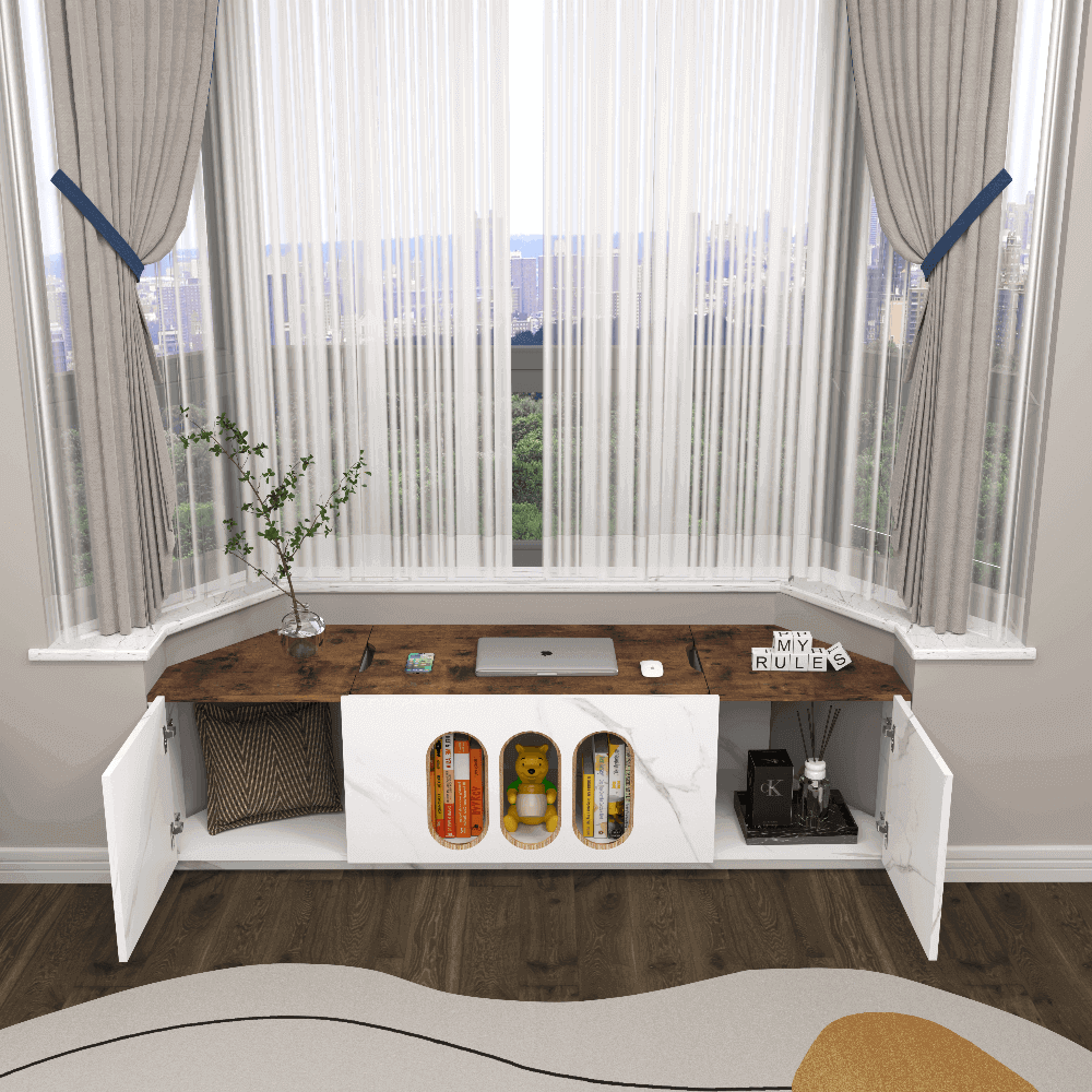 Custom Wooden Bay Window Storage Bench with Lifting Desk