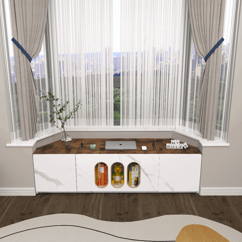 Custom Wooden Bay Window Storage Bench with Lifting Desk