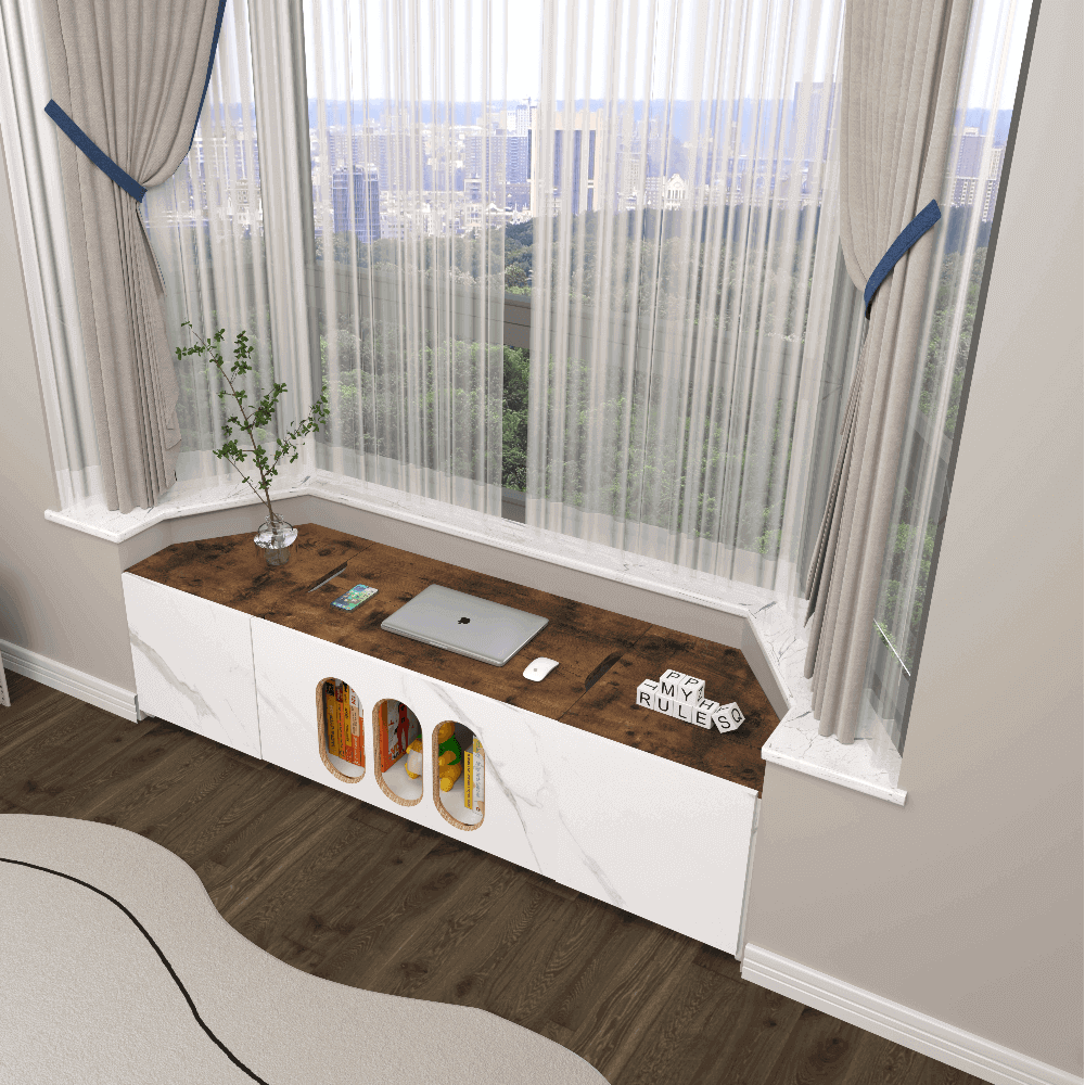 Custom Wooden Bay Window Storage Bench with Lifting Desk