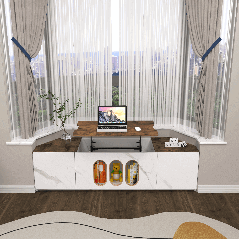 Custom Wooden Bay Window Storage Bench with Lifting Desk