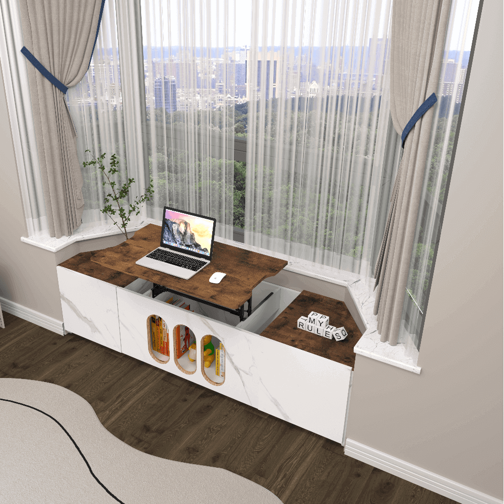 Custom Wooden Bay Window Storage Bench with Lifting Desk