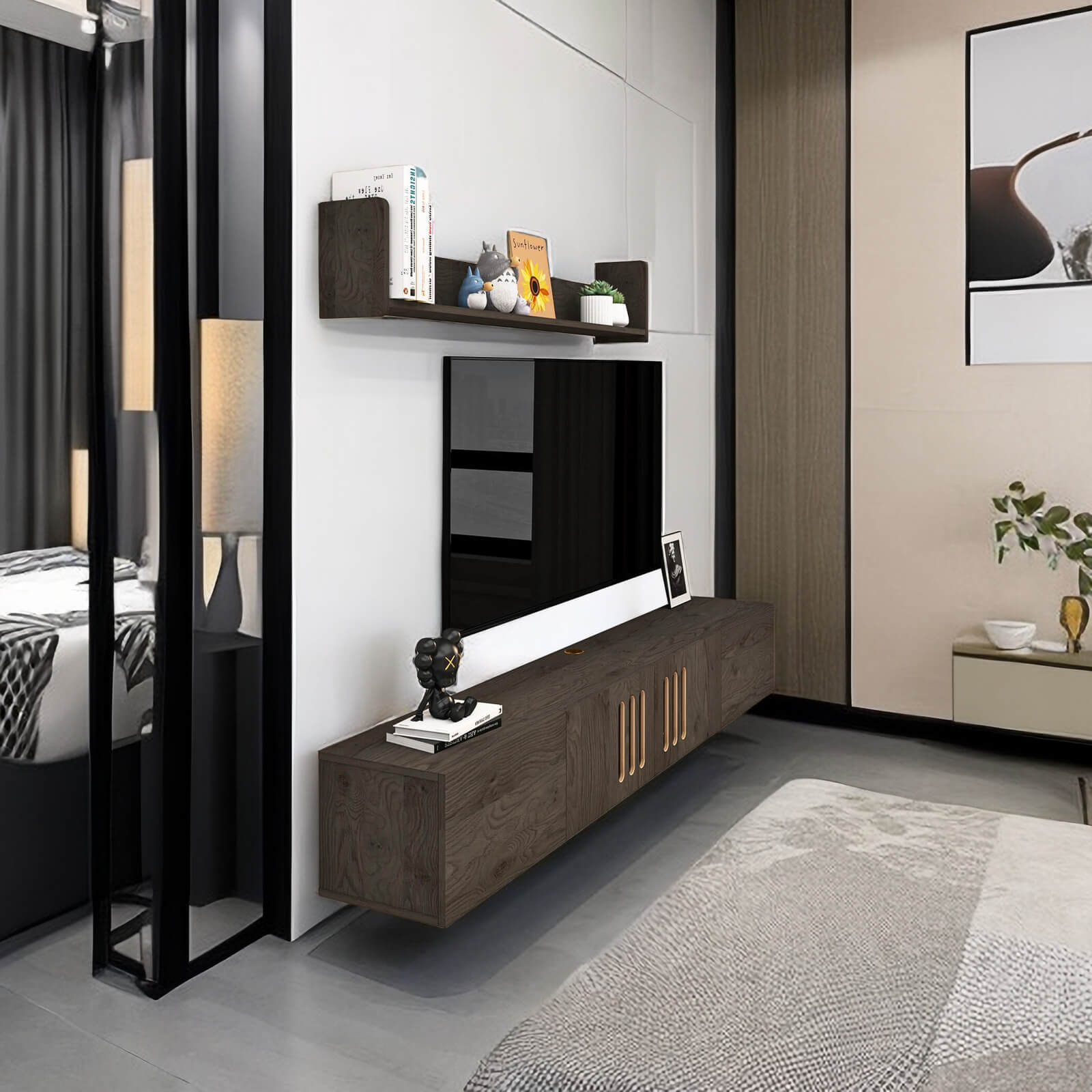 Customize Modern Minimalist Wood Floating TV Stand with Above Shelf and Slatted Door