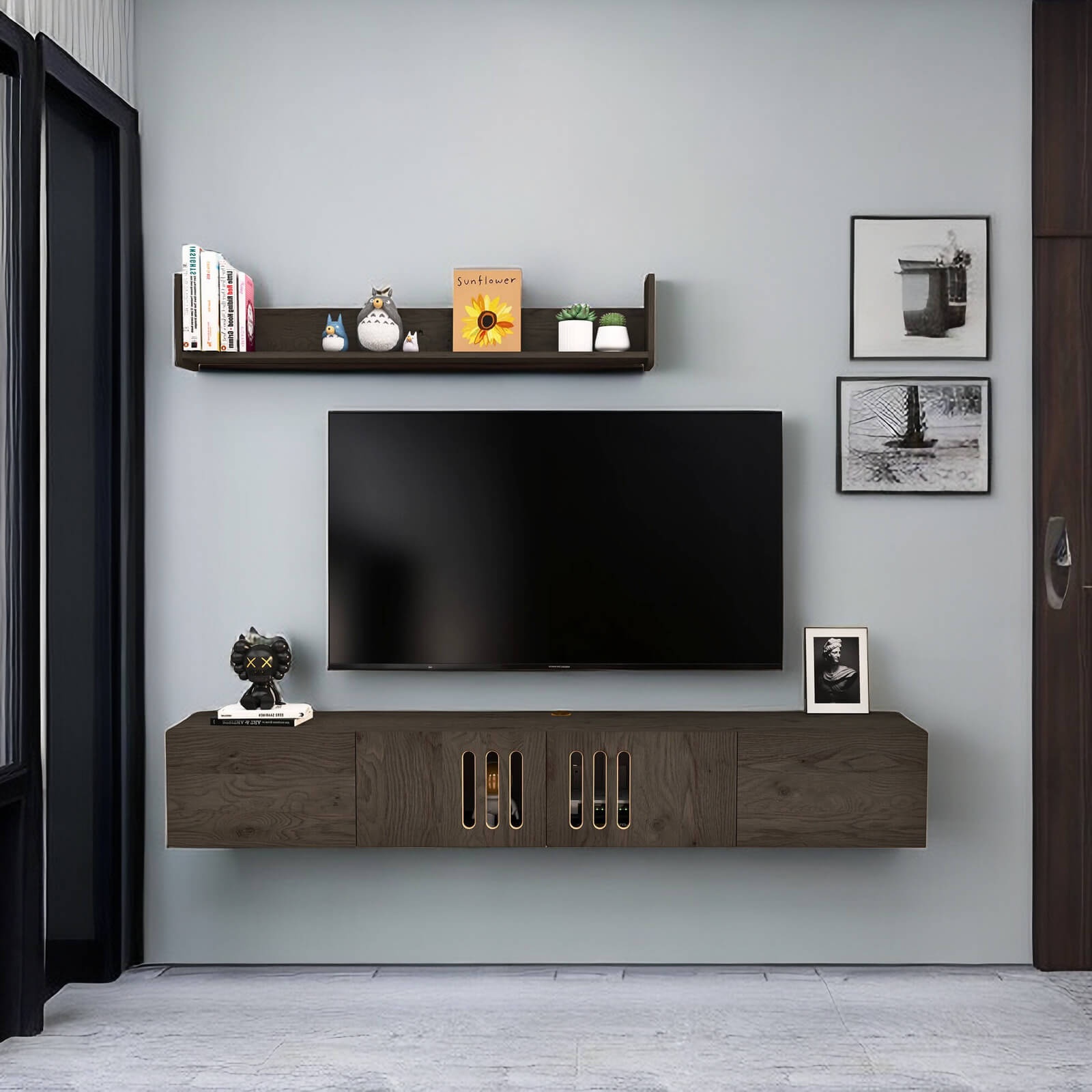 Customize Modern Minimalist Wood Floating TV Stand with Above Shelf and Slatted Door