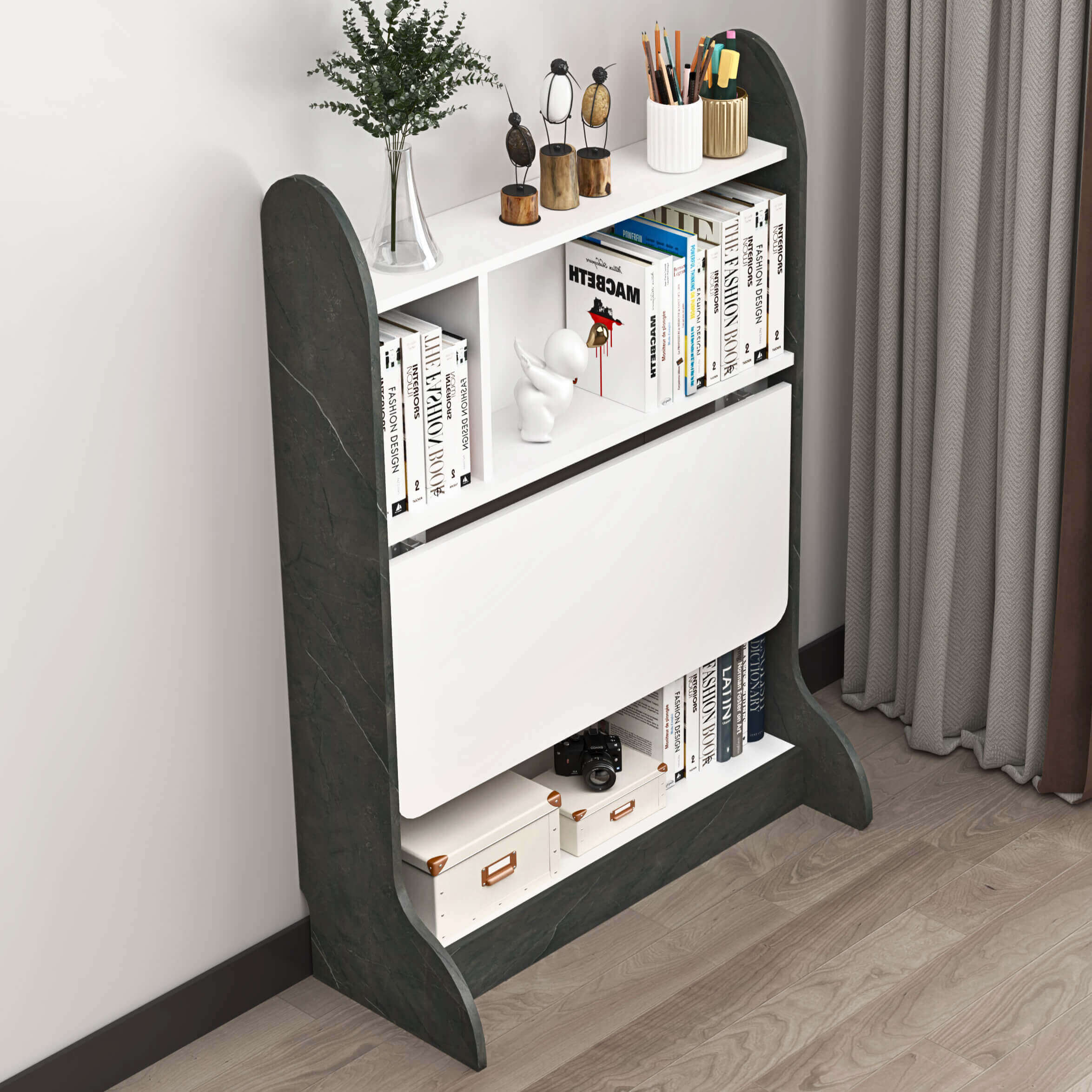 Plywood Wall Mountable Desk with Fold Up Table & Storage Shelves #table_flip down
