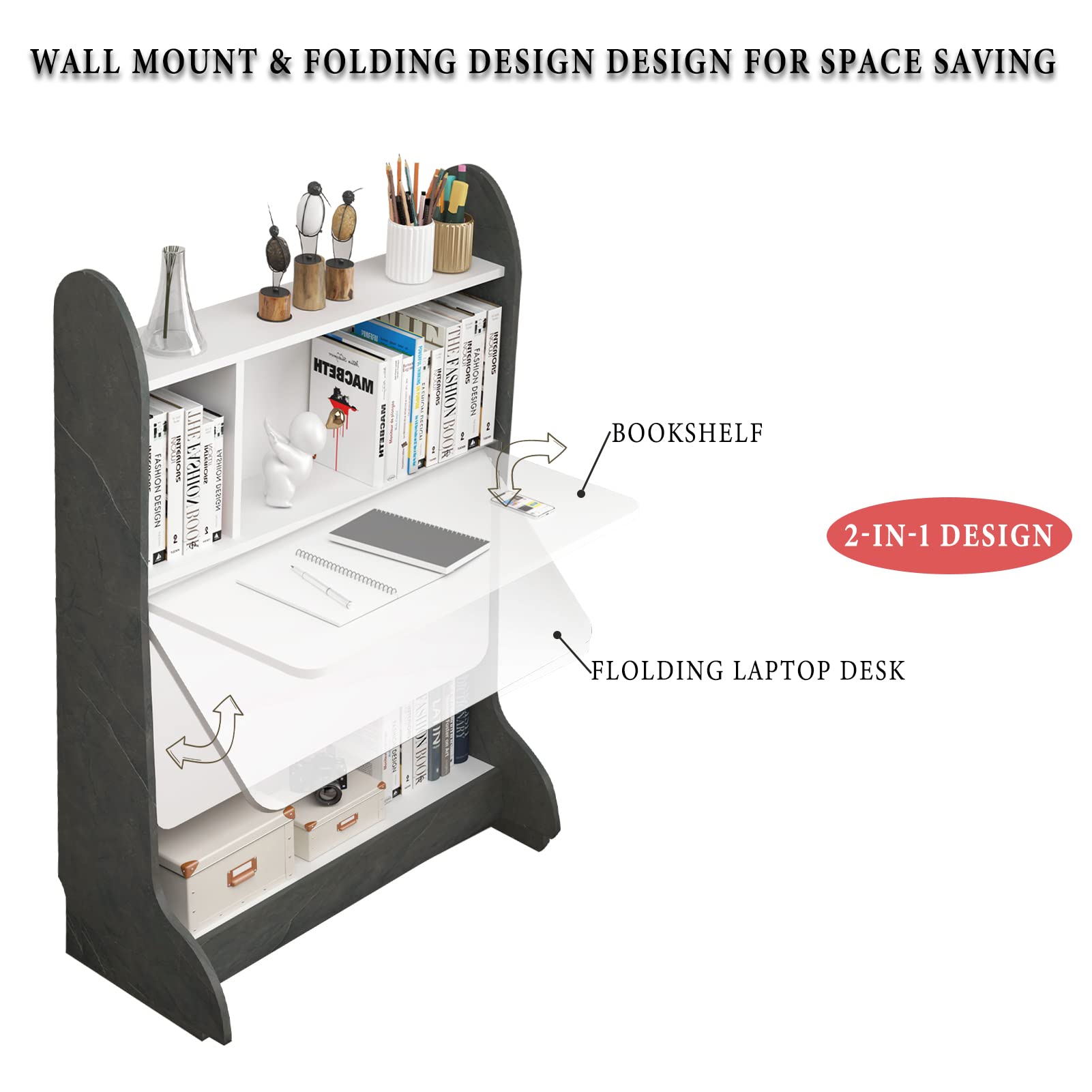 Plywood Wall Mountable Desk with Fold Up Table & Storage Shelves #table_flip down
