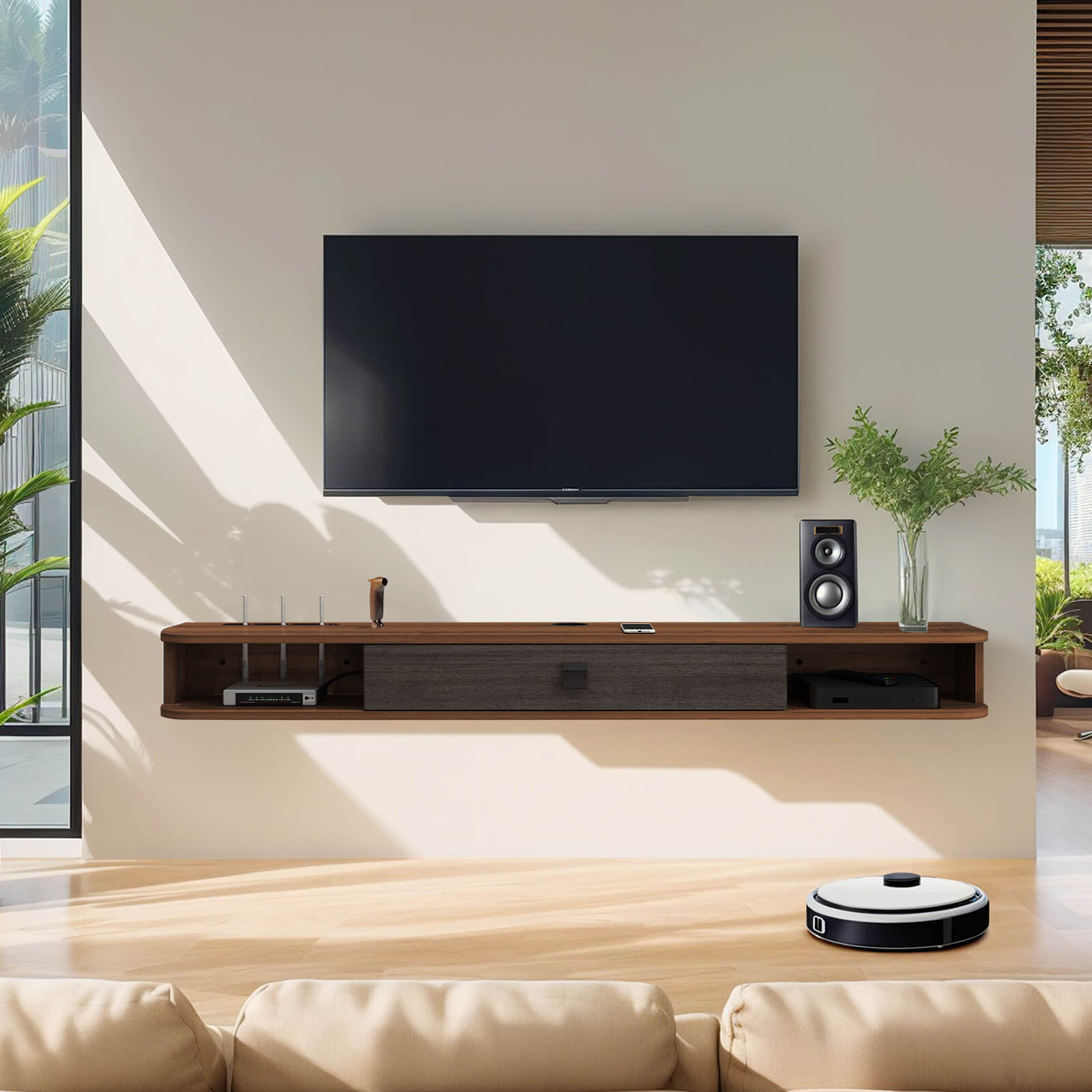 Dual Tone Plywood Wall Mounted Floating TV Unit with Two Open Shelves and One Door Storage #color_walnut