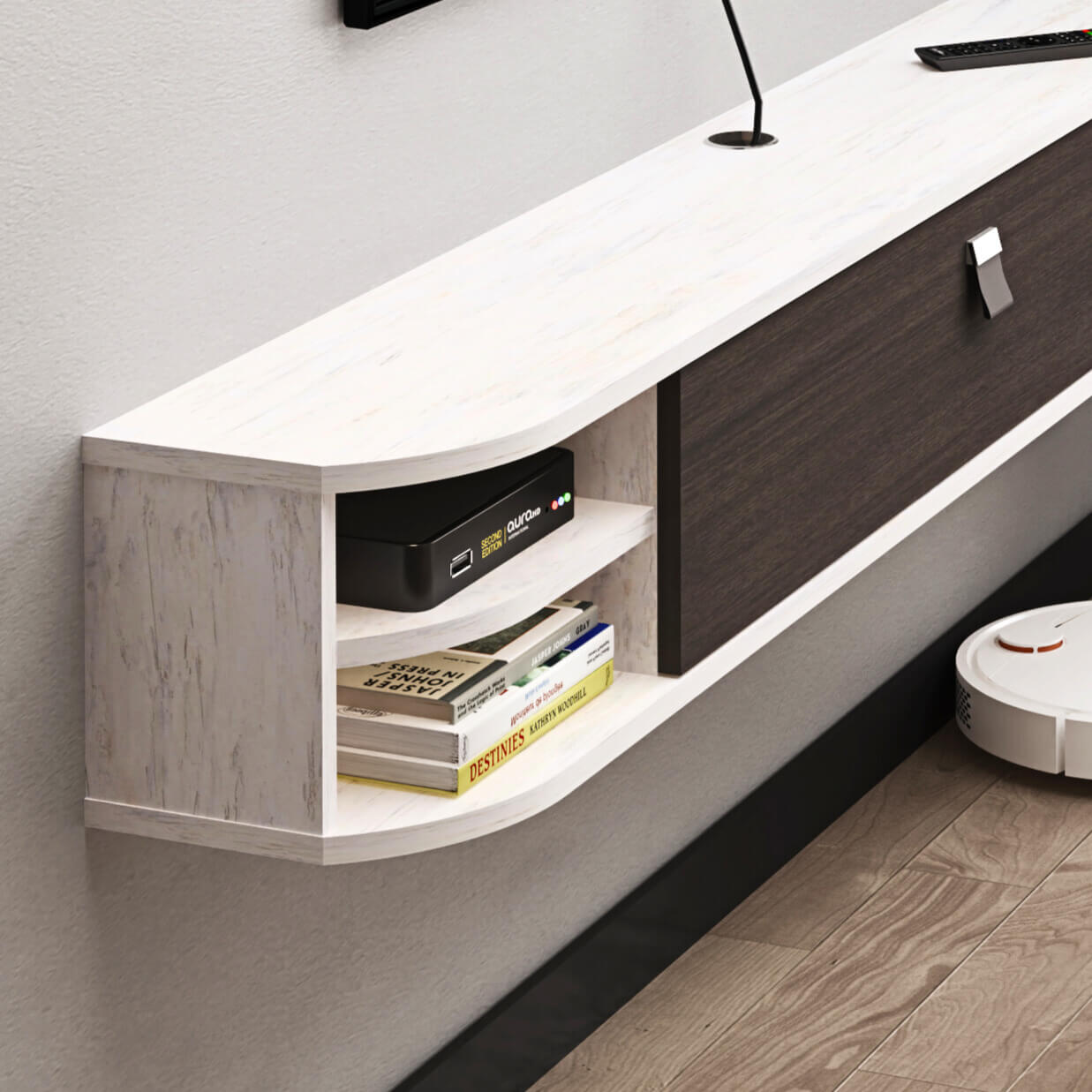 Plywood Wall Mounted Floating Media Cabinet TV Stand with Open Shelves and Door Storage #color_greyish white