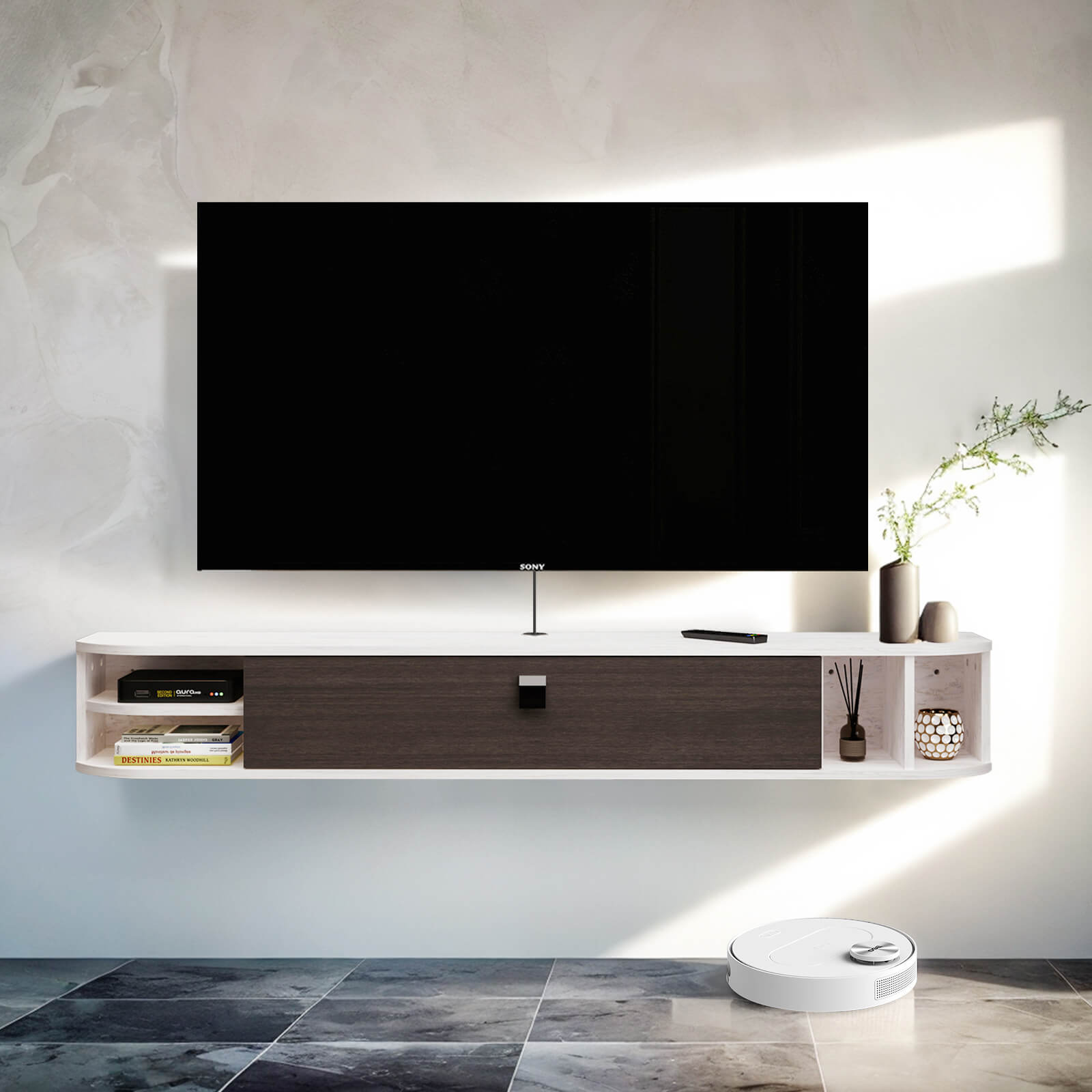 Plywood Wall Mounted Floating Media Cabinet TV Stand with Open Shelves and Door Storage #color_greyish white