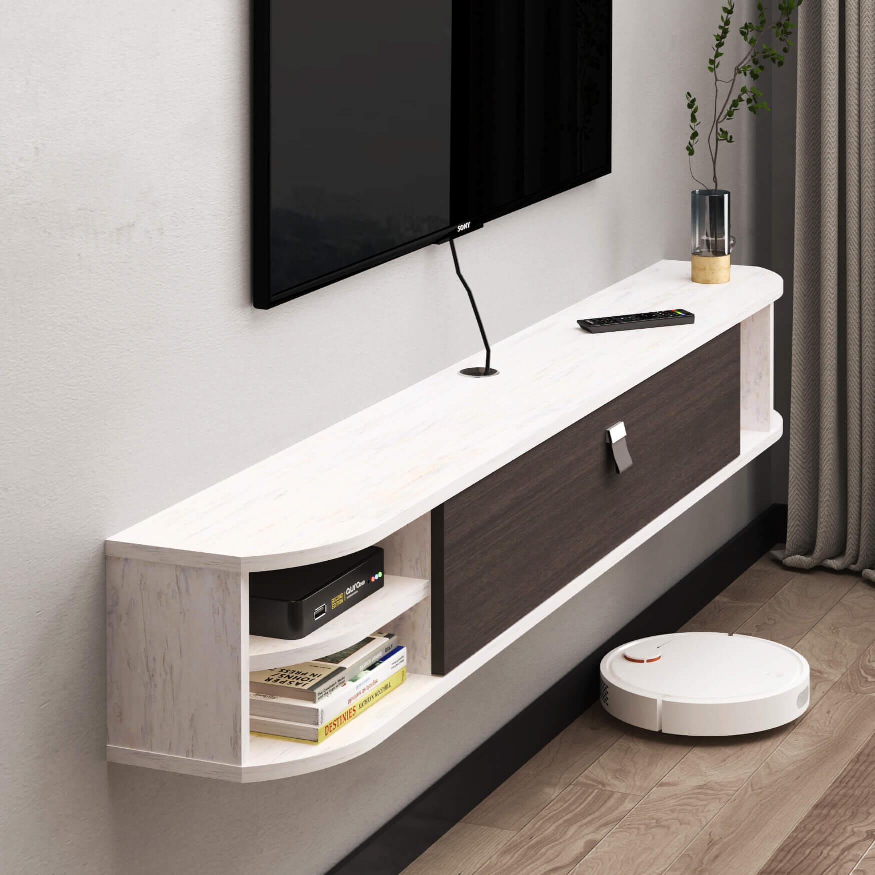 Plywood Wall Mounted Floating Media Cabinet TV Stand with Open Shelves and Door Storage #color_greyish white