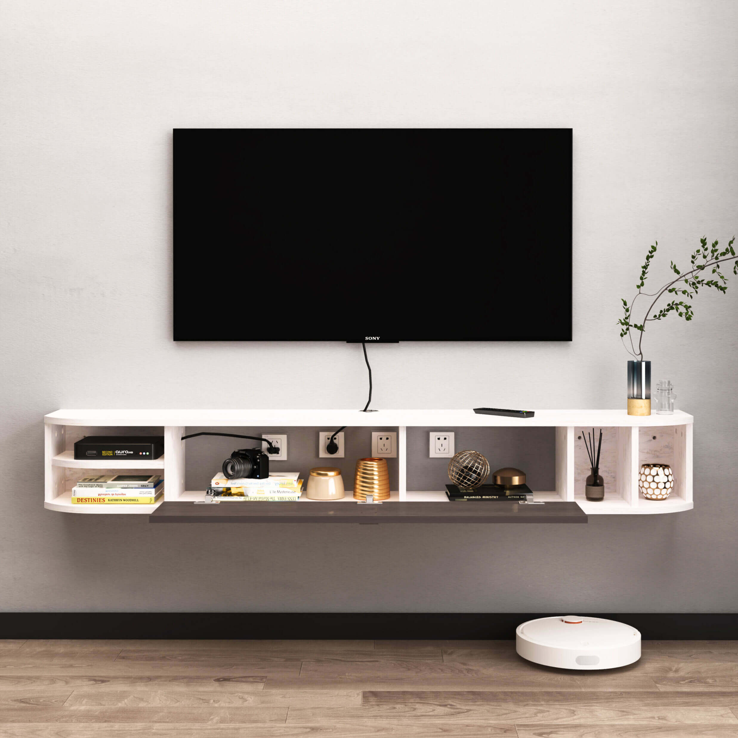 Plywood Wall Mounted Floating Media Cabinet TV Stand with Open Shelves and Door Storage #color_greyish white
