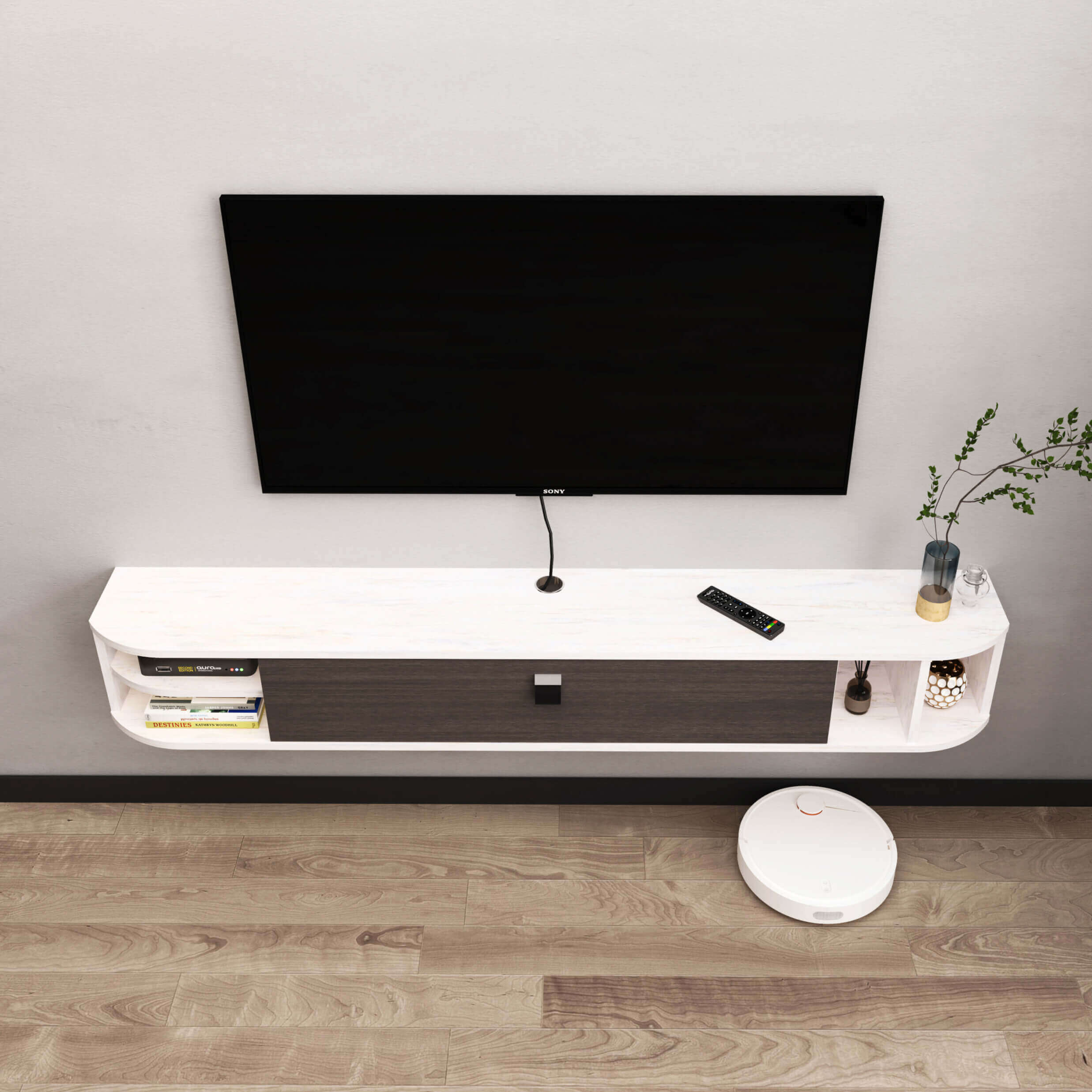 Plywood Wall Mounted Floating Media Cabinet TV Stand with Open Shelves and Door Storage #color_greyish white