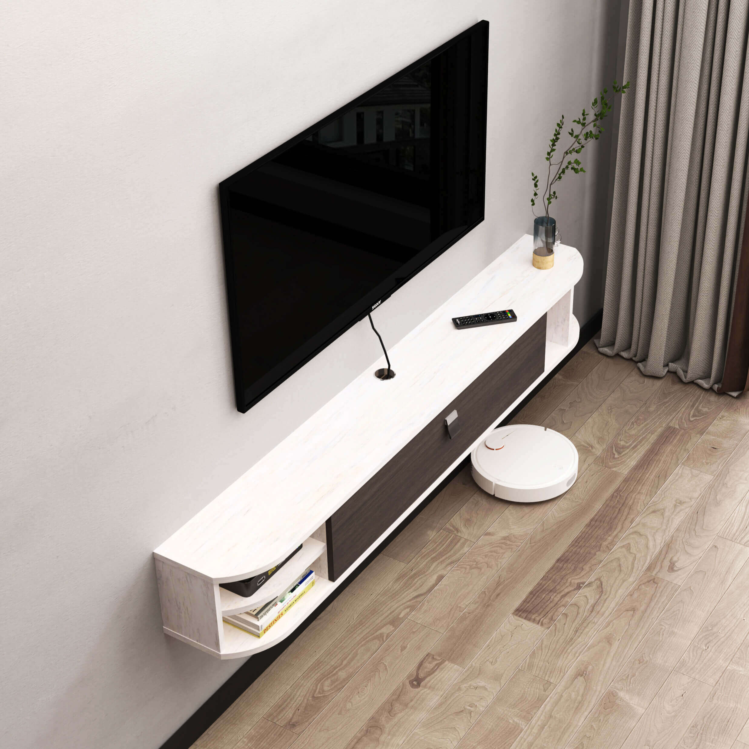 Plywood Wall Mounted Floating Media Cabinet TV Stand with Open Shelves and Door Storage #color_greyish white