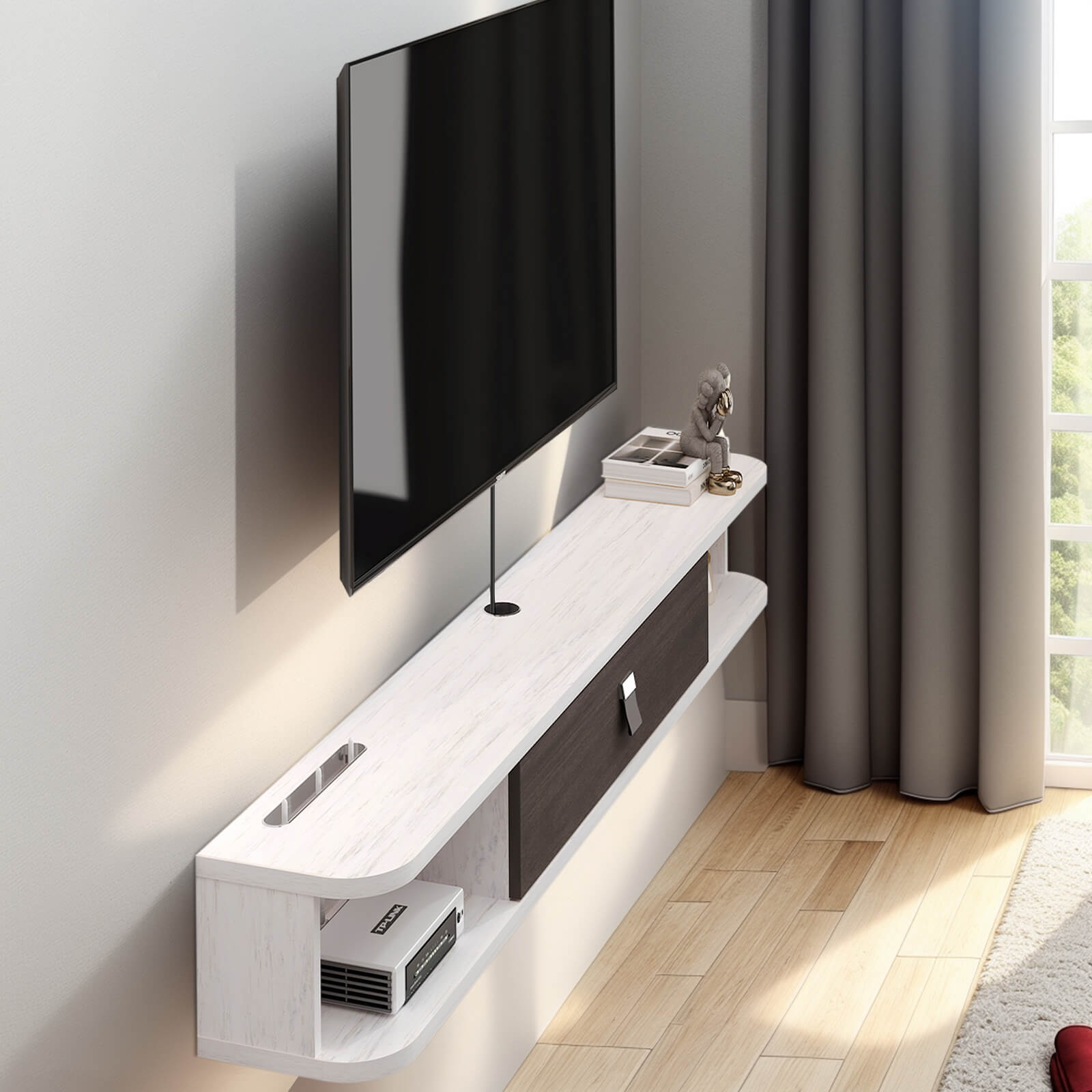Dual Tone Plywood Wall Mounted Floating TV Unit with Two Open Shelves and One Door Storage #color_greyish white