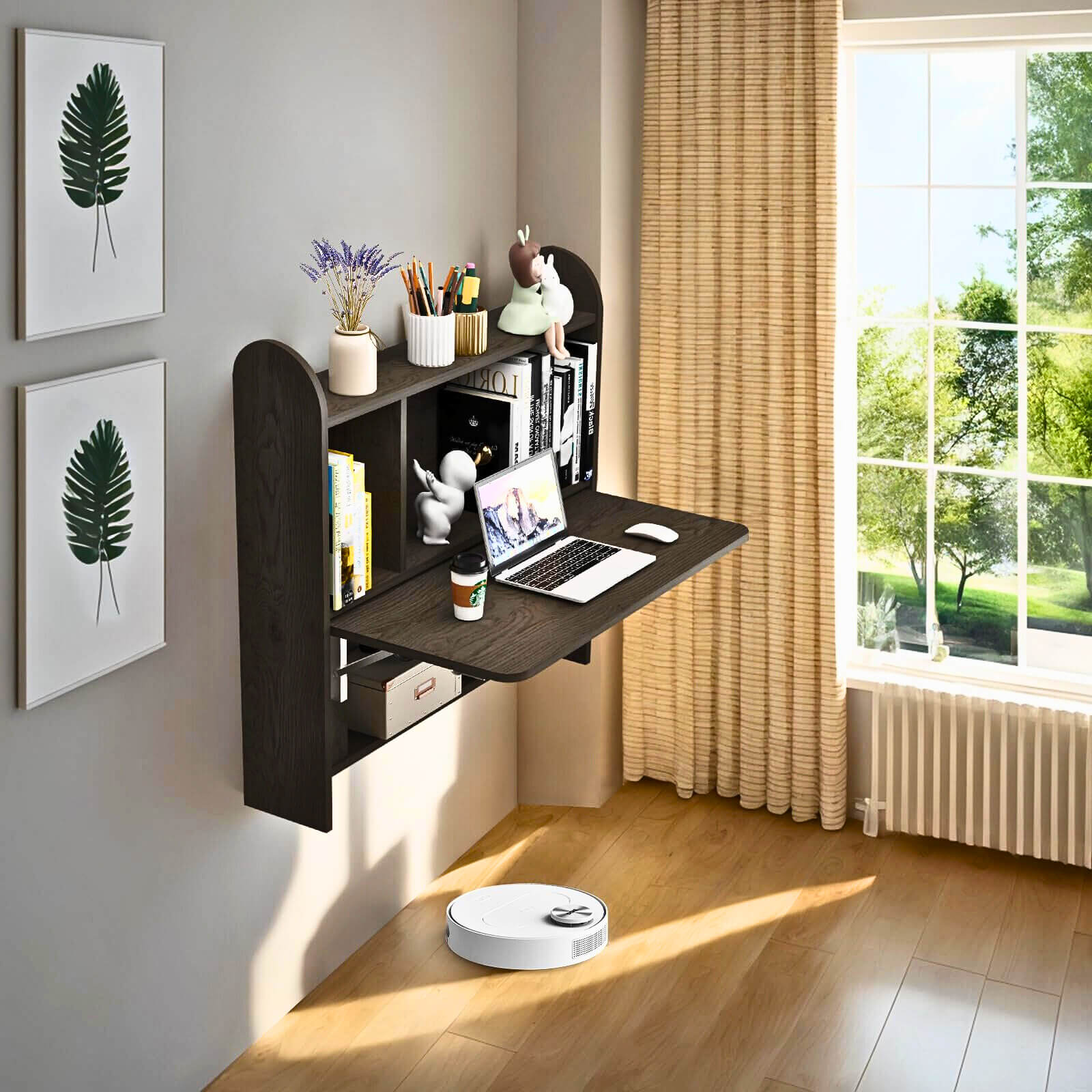 Farmhouse Grey Wood Wall Mounted Fold Down Desk with Storage Shelf