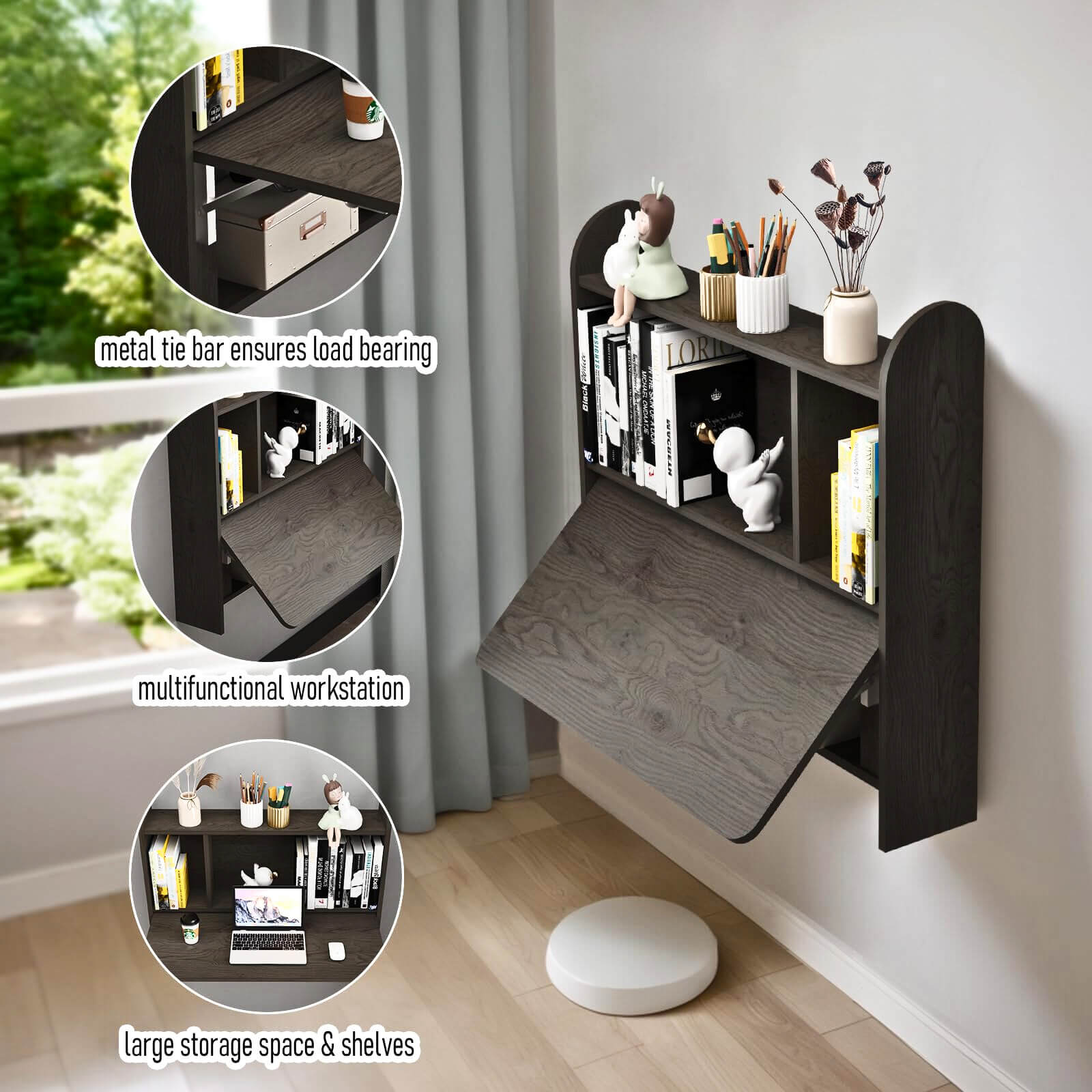 Farmhouse Grey Wood Wall Mounted Fold Down Desk with Storage Shelf