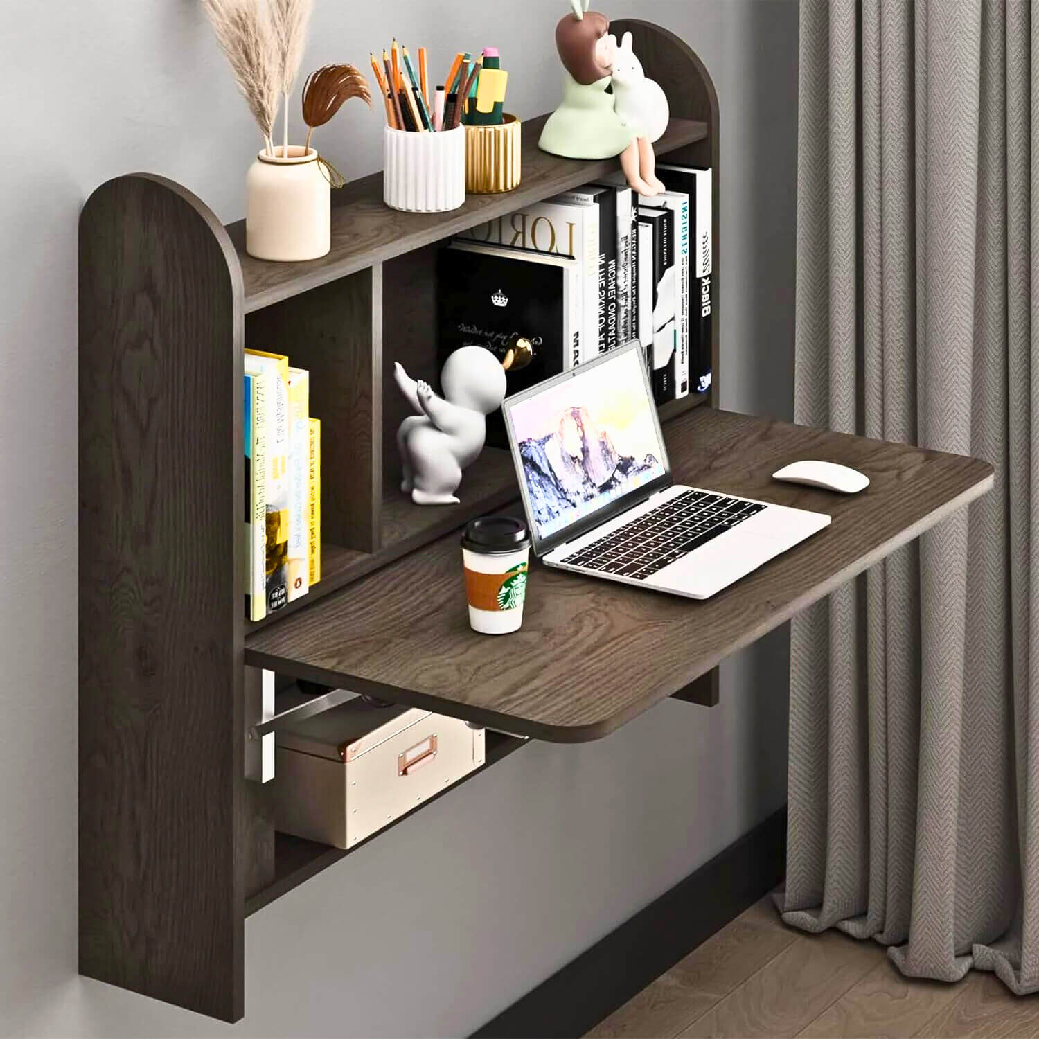 Farmhouse Grey Wood Wall Mounted Fold Down Desk with Storage Shelf