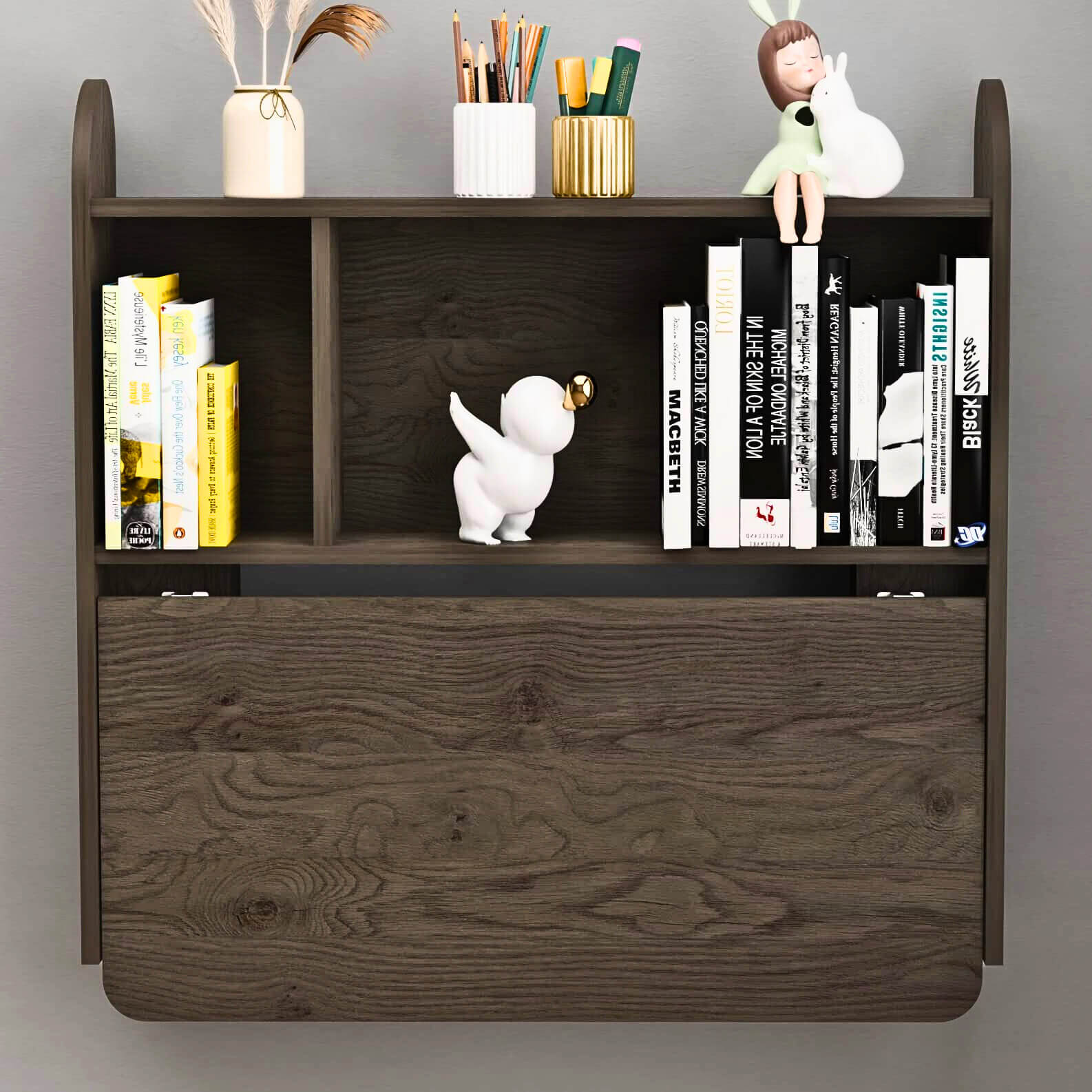 Farmhouse Grey Wood Wall Mounted Fold Down Desk with Storage Shelf