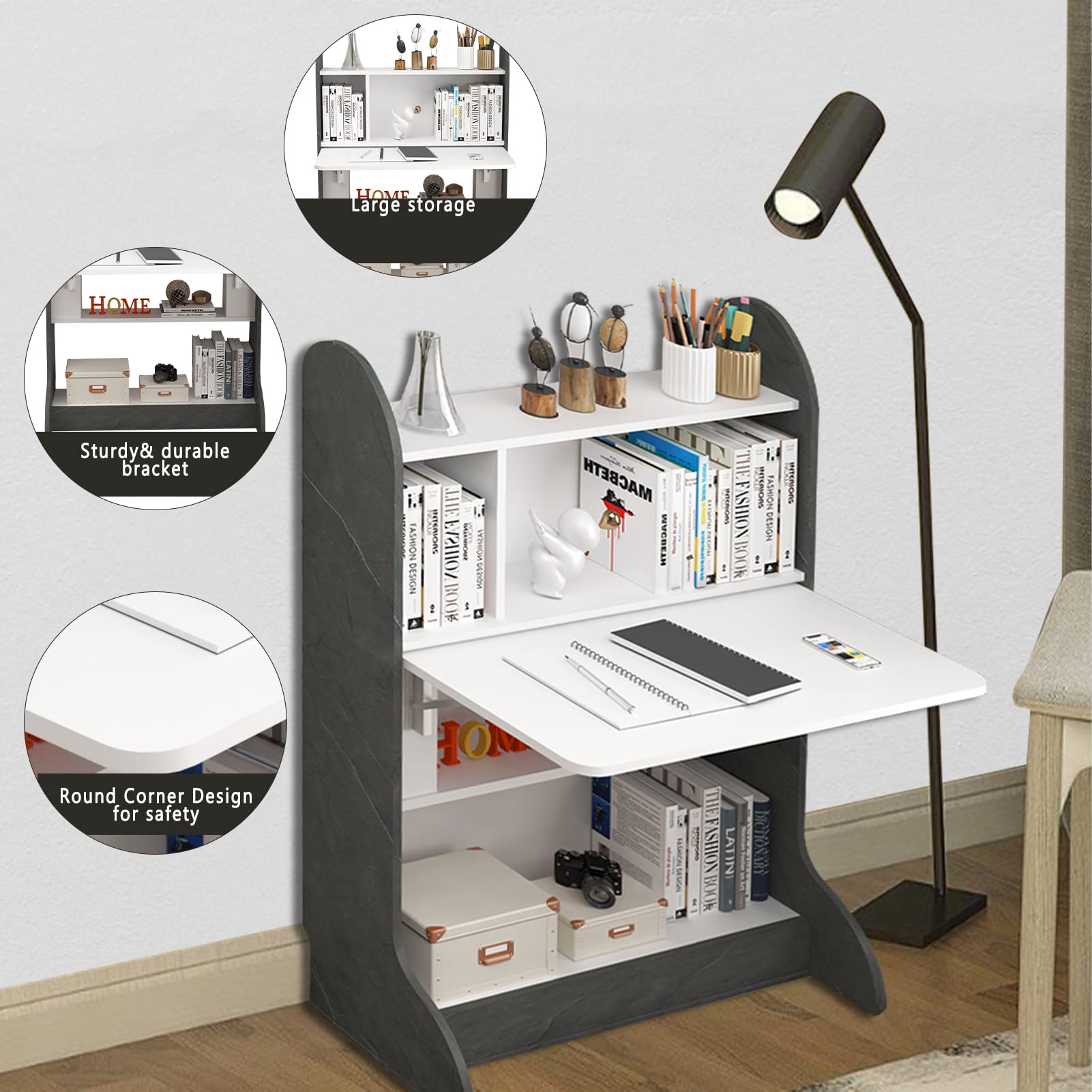 Plywood Wall Mountable Desk with Fold Up Table & Storage Shelves #table_flip down