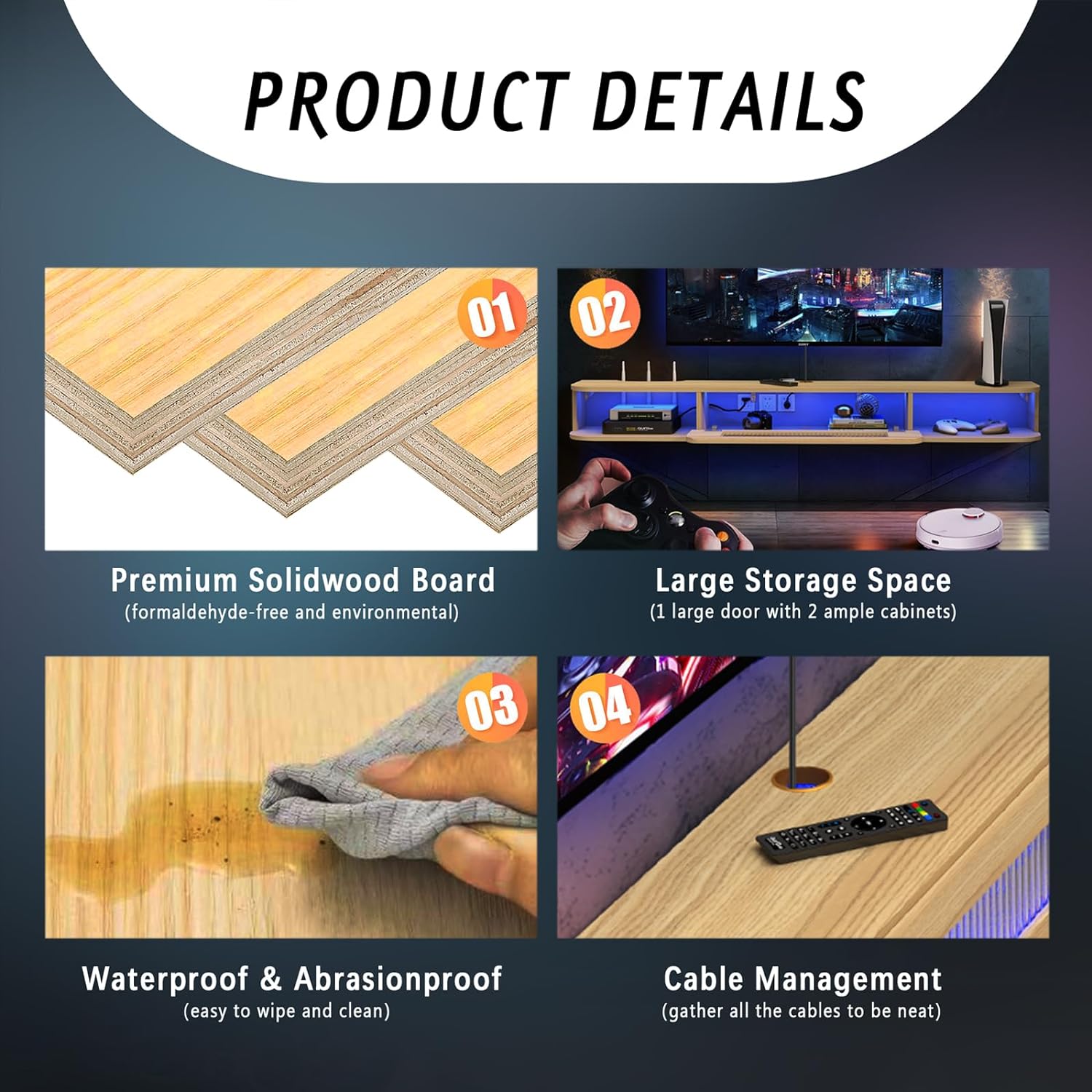 Modern Slim Floating TV Stand Wall Shelf with LED Lights and Glass Door  #color_light oak