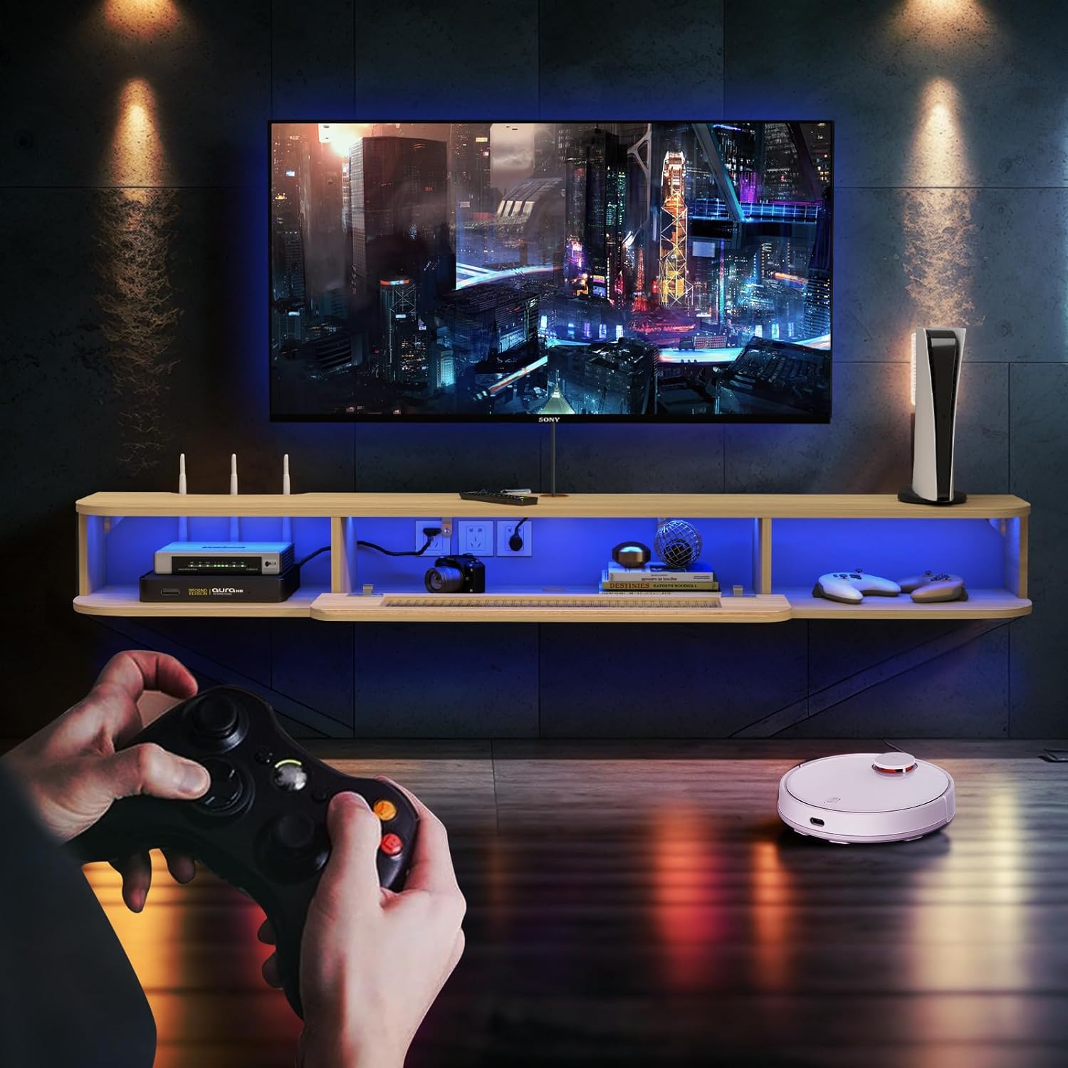 Modern Slim Floating TV Stand Wall Shelf with LED Lights and Glass Door #color_light oak