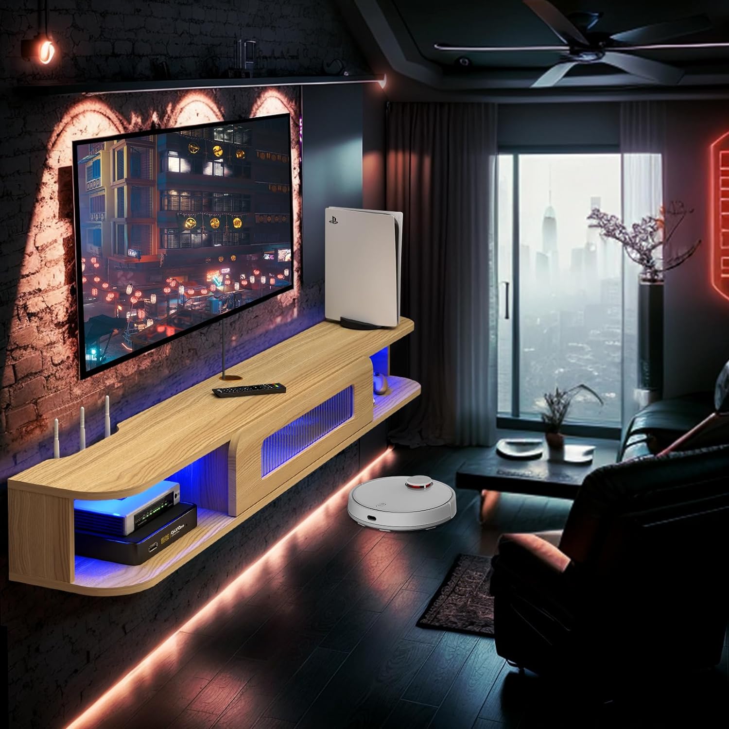 Modern Slim Floating TV Stand Wall Shelf with LED Lights and Glass Door #color_light oak