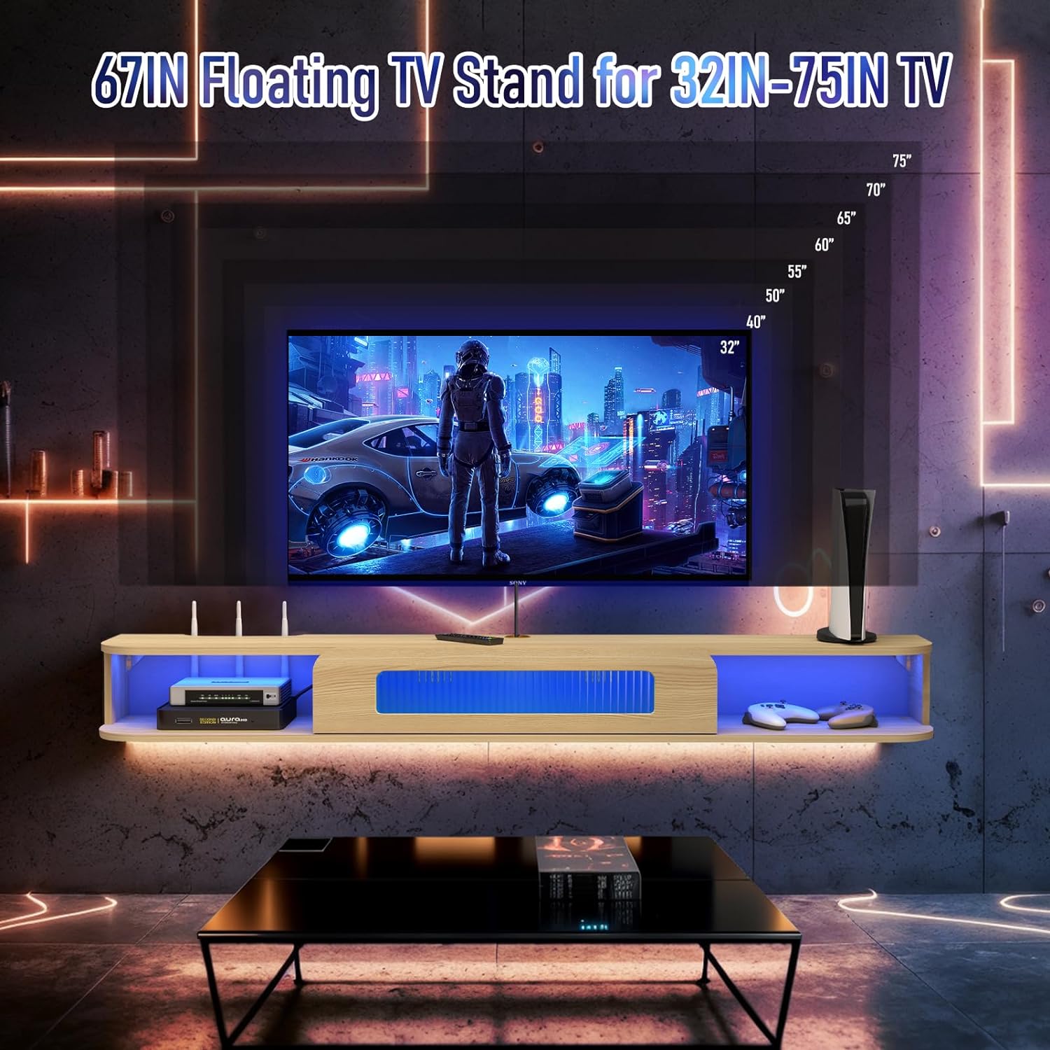 Modern Slim Floating TV Stand Wall Shelf with LED Lights and Glass Door #color_light oak